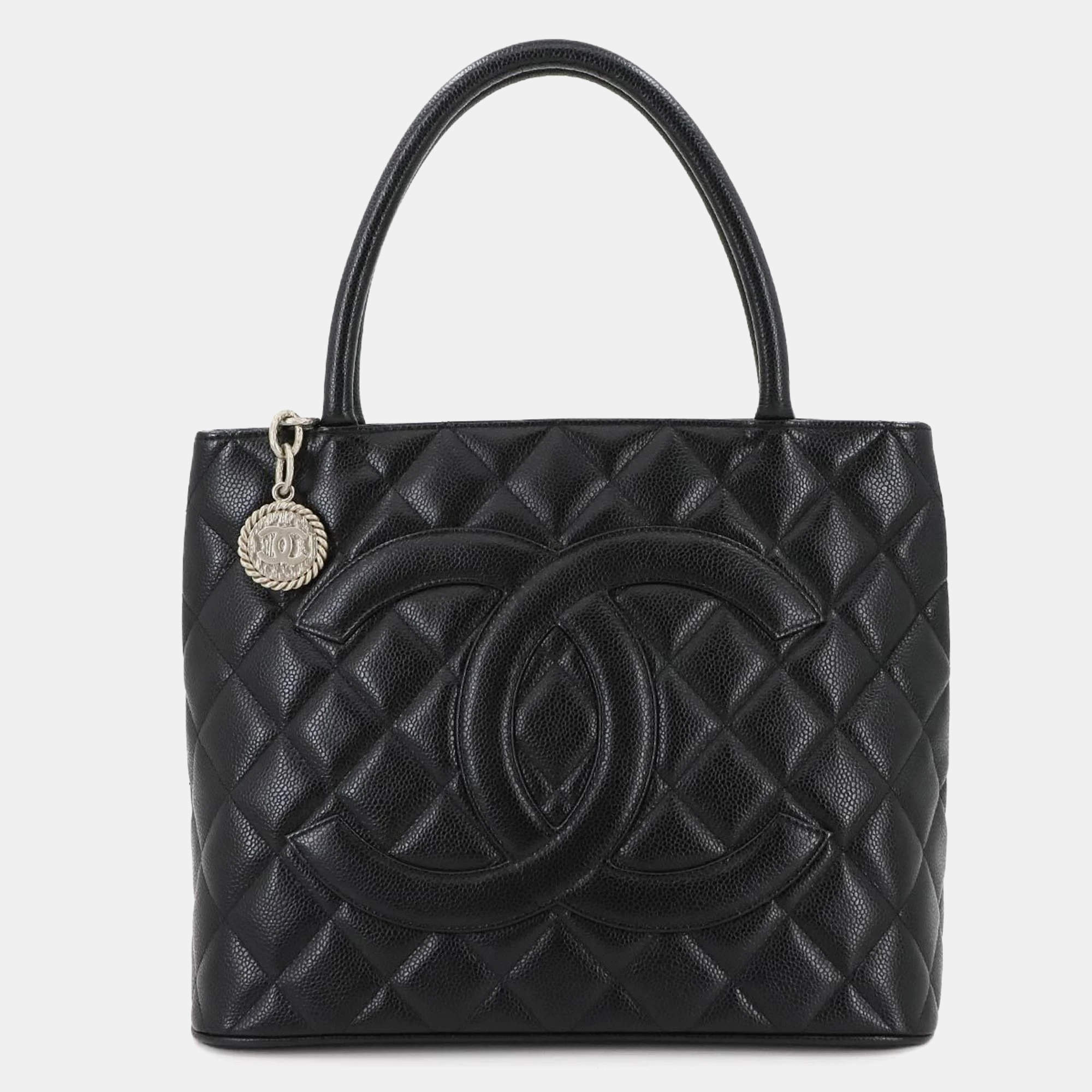 Chanel Black Caviar Skin Medallion Tote Bag 