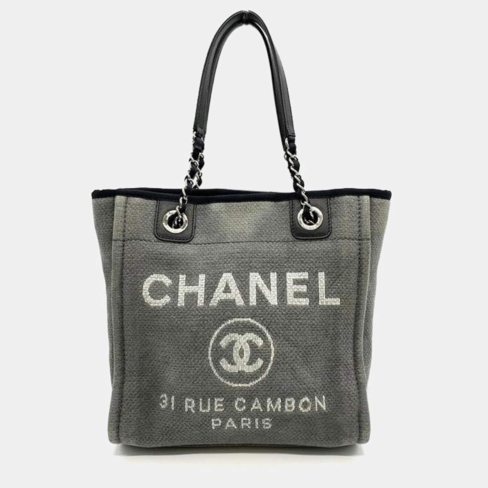 Chanel Deauville Pm Tote Bag Shoulder Canvas Grey