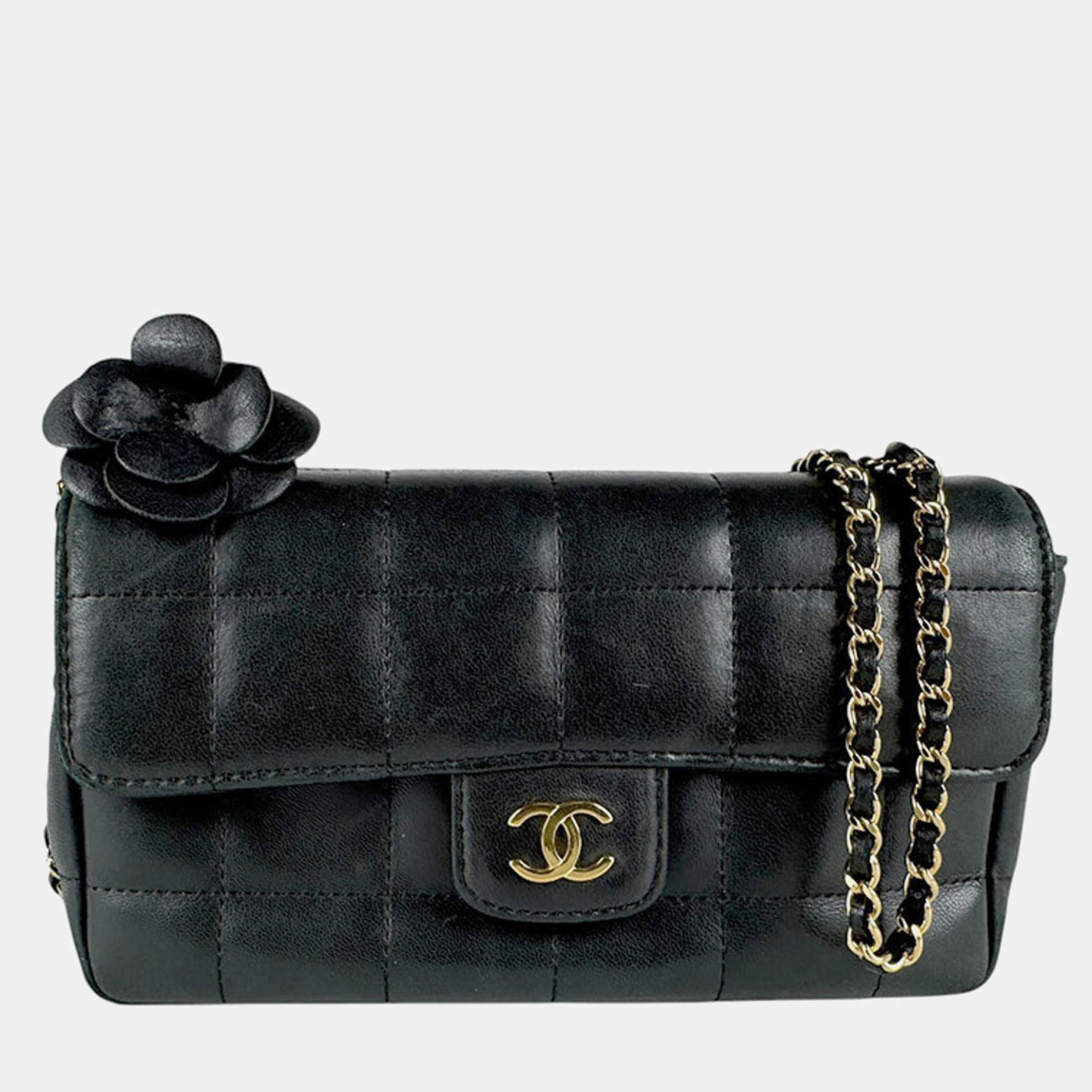 Pre Owned Chanel Black Lambskin Quilted Mini Chocolate Bar Camellia Flap Bag