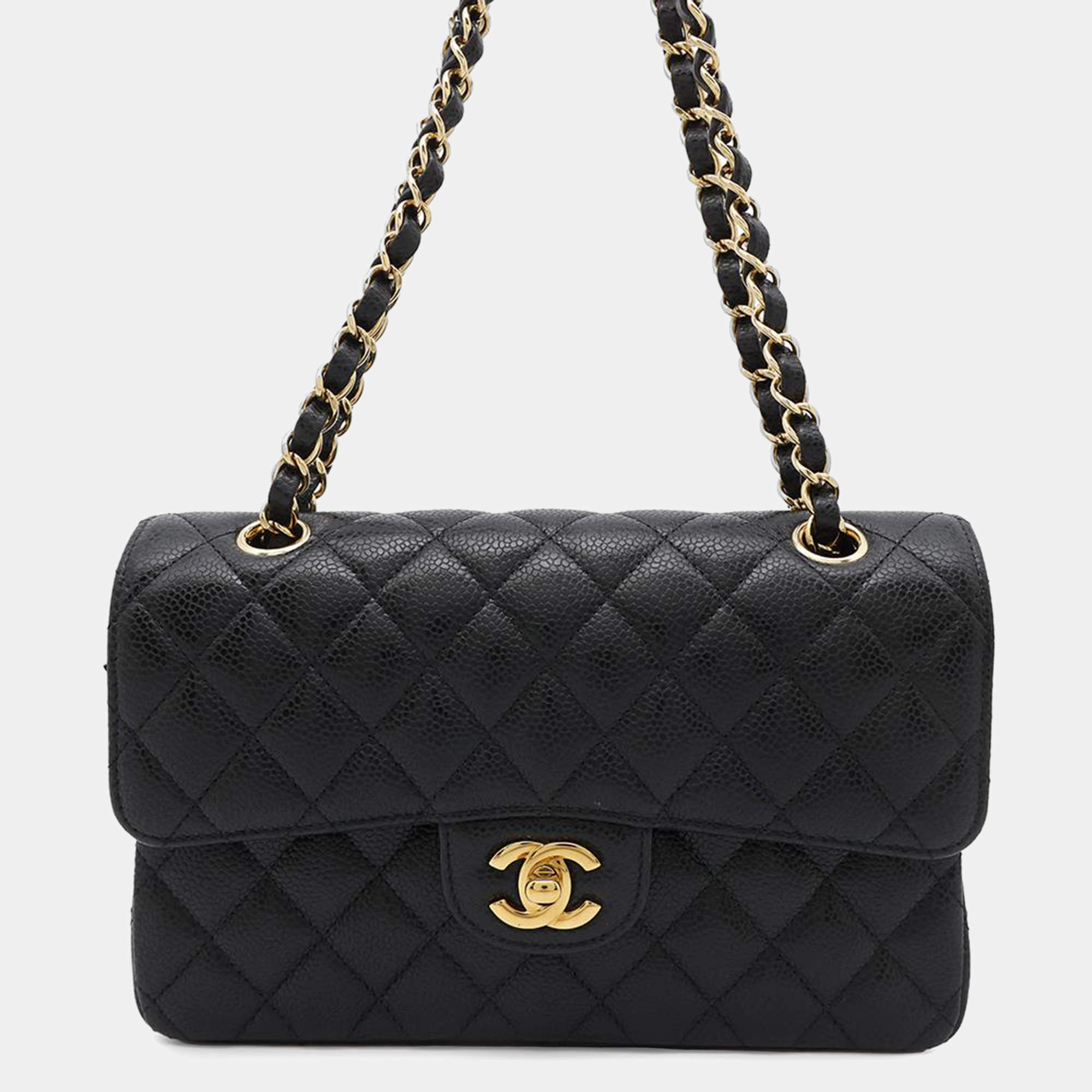 Pre Owned Chanel Black Caviar Leather Matelasse Double Flap Chain shoulder Bag 
