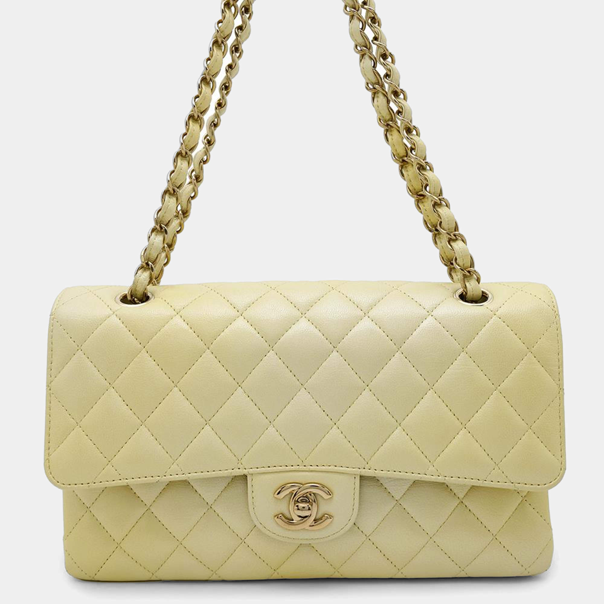 Pre Owned Chanel Matelasse Double Flap Chain shoulder Bag Metalic yellow Calf Leather Size 25