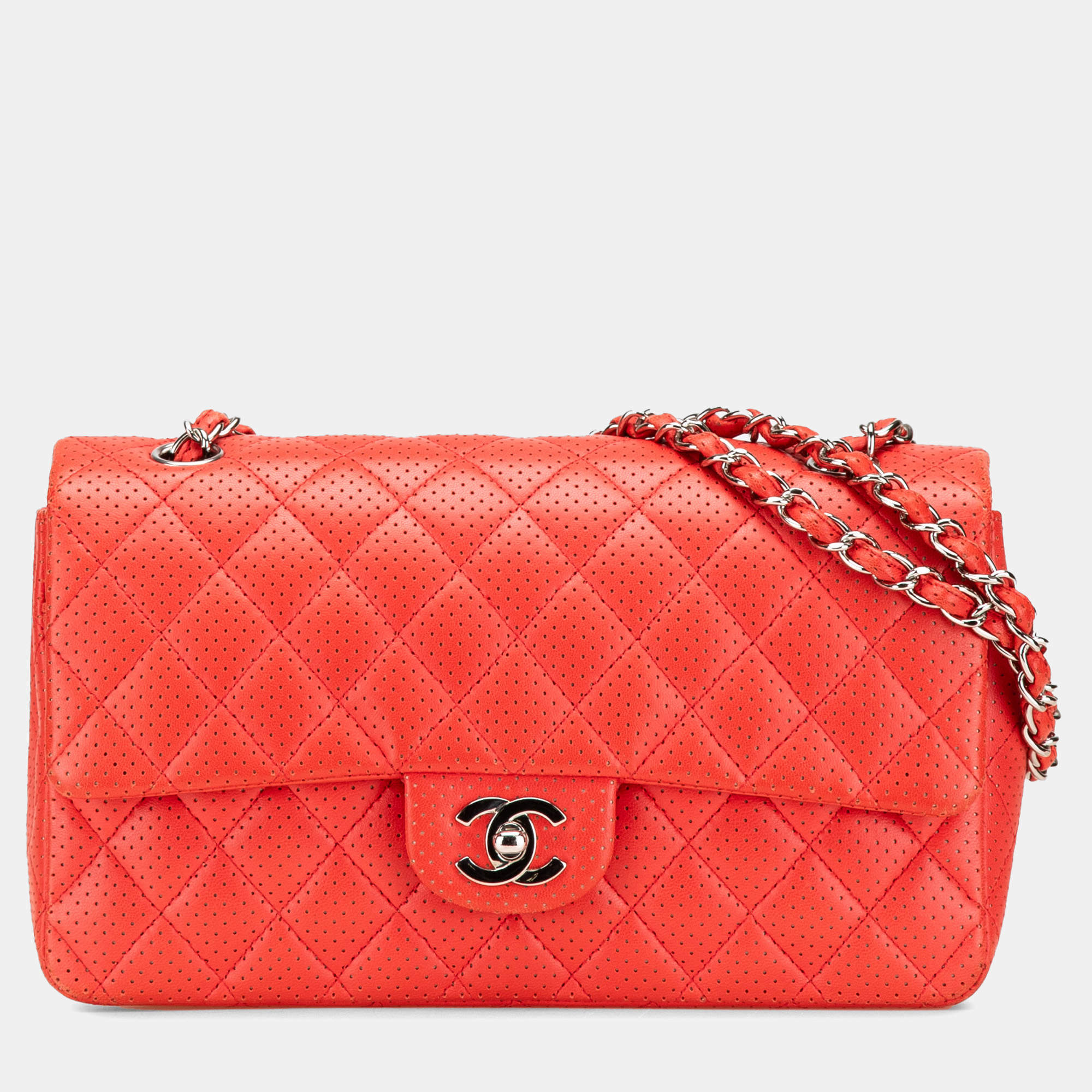 Pre Owned Chanel Red Lambskin Classic Perforated Medium Single Flap Bag