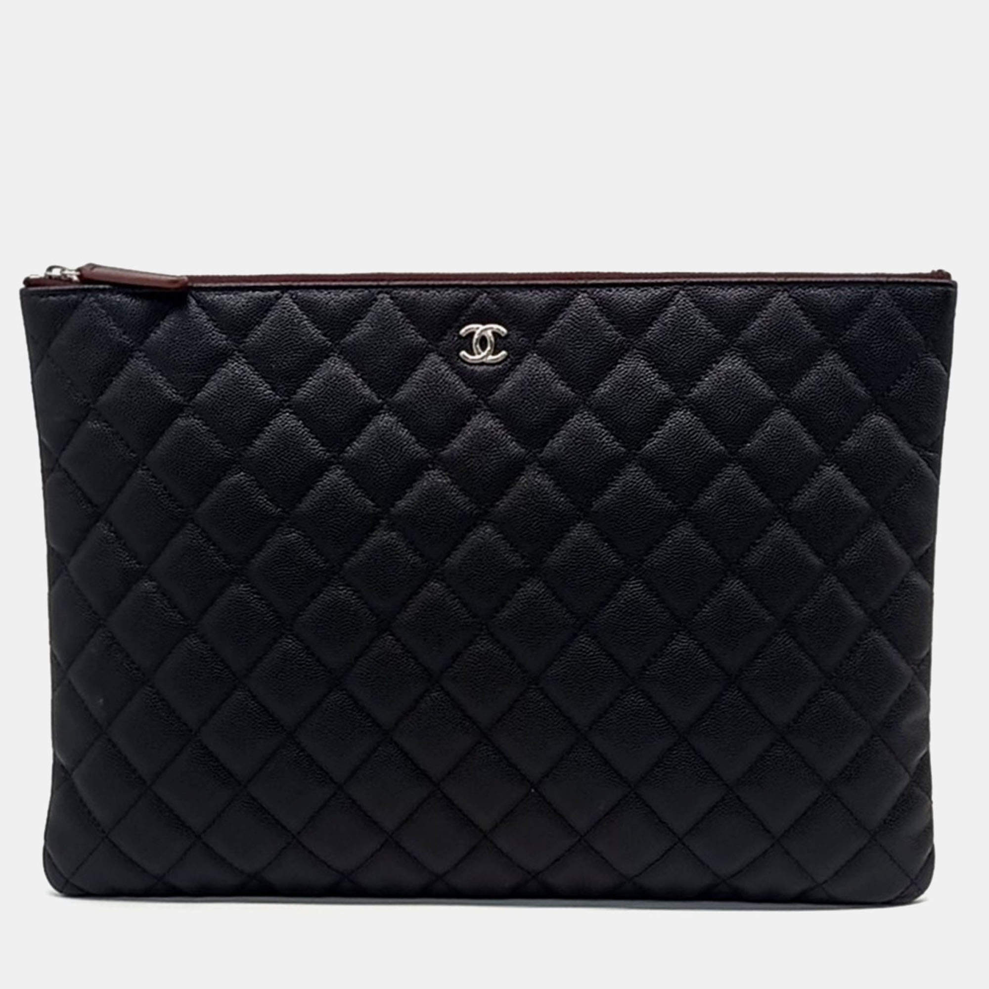 Pre Owned Chanel Black Leather Caviar Large Clutch