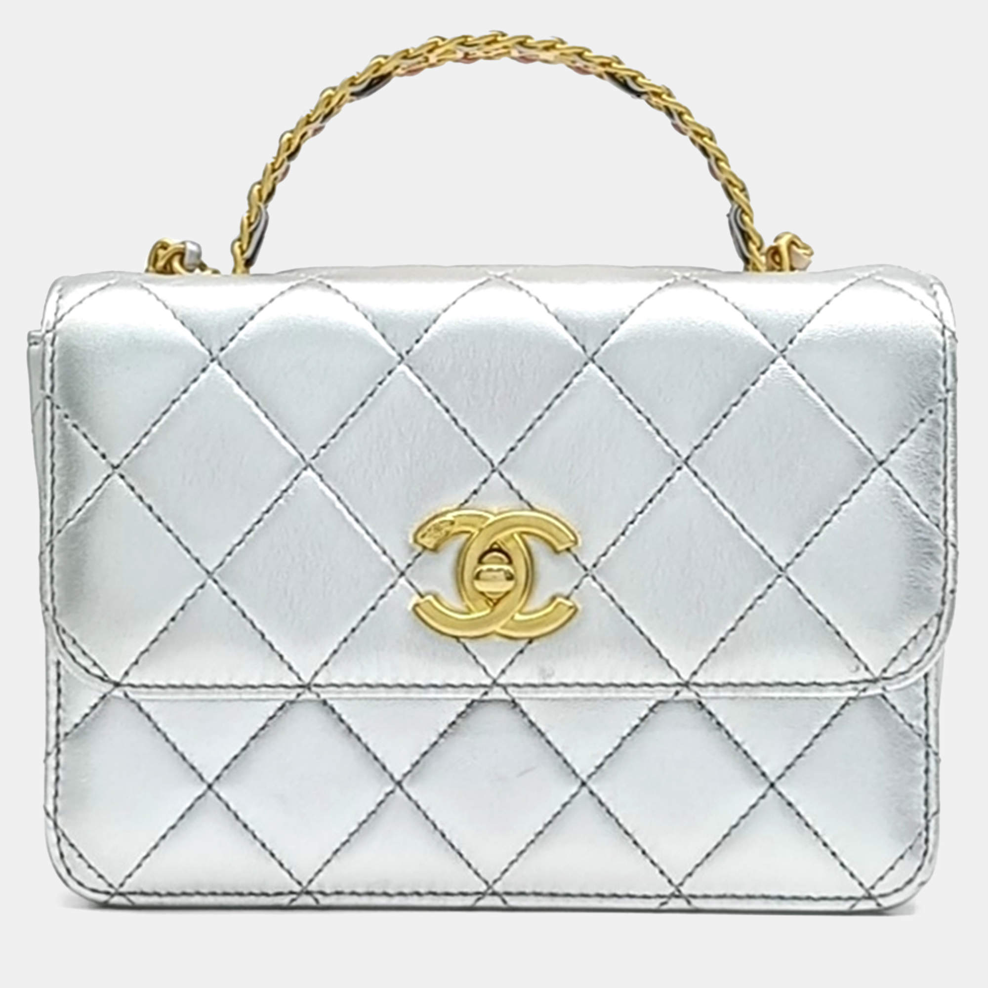 Chanel Silver Leather rainbow top handle chain bag