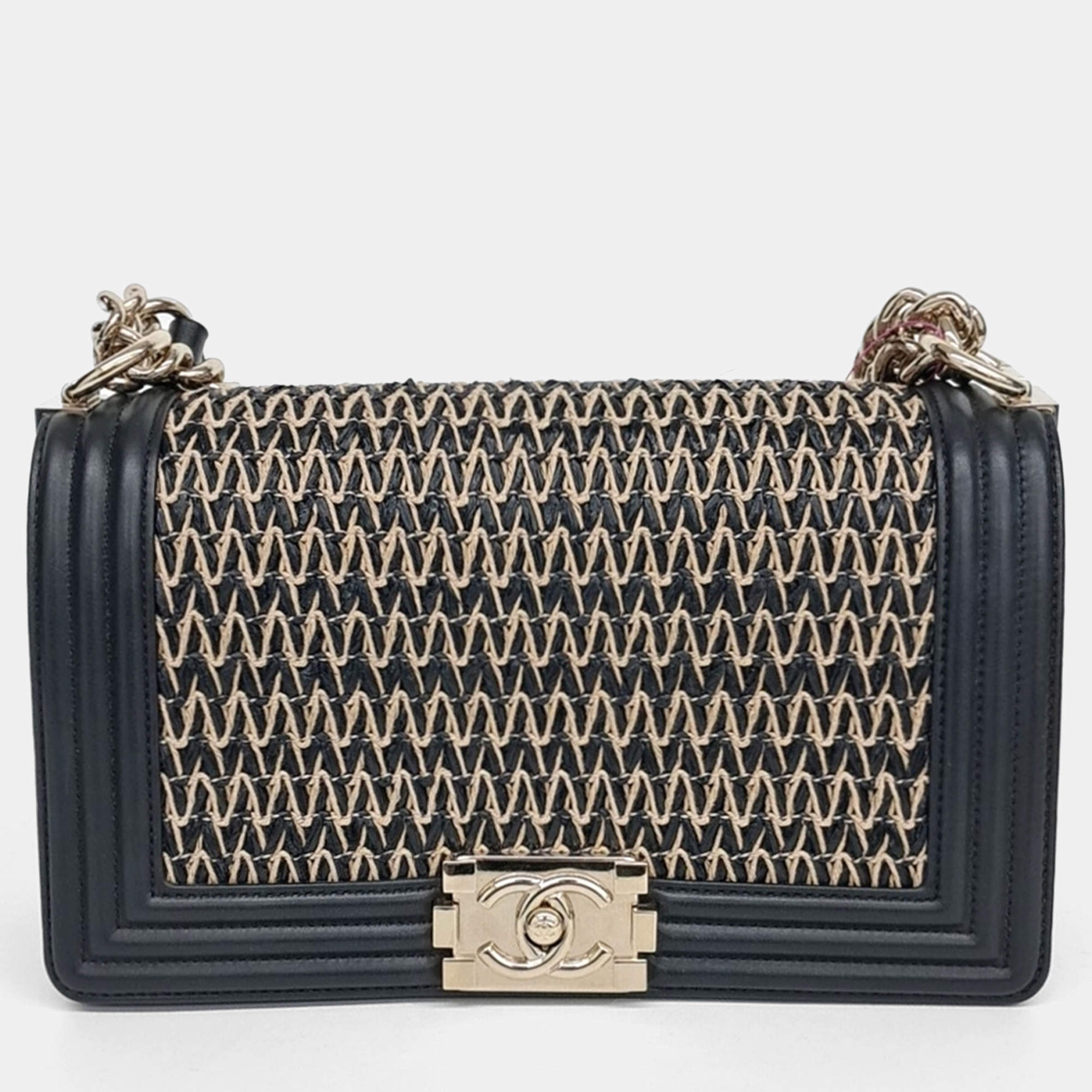 Chanel Beige Black Leather Boy Medium Bag