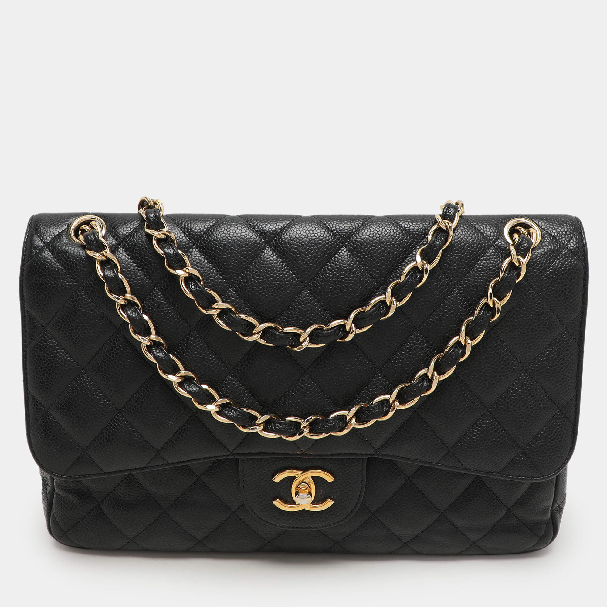 Chanel Black Quilted Caviar Leather Jumbo Classic Double Flap Bag