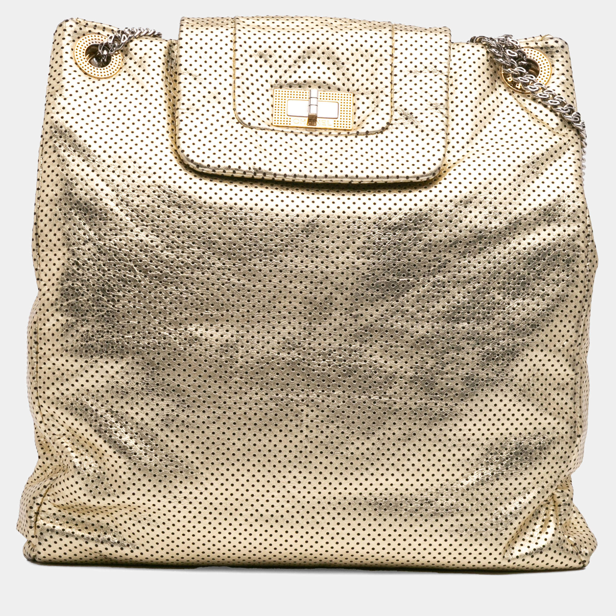 Chanel Gold Perforated Crackled Metallic Calfskin Drill Tote