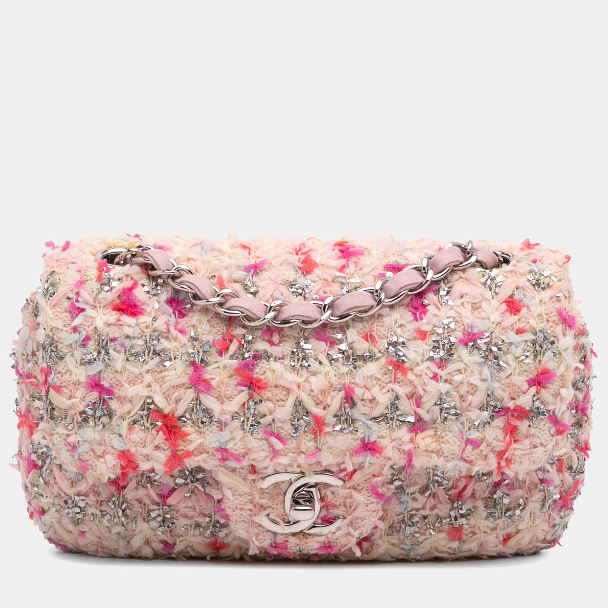 Chanel Pink/Silver Mini Rectangular Classic Tweed Single Flap