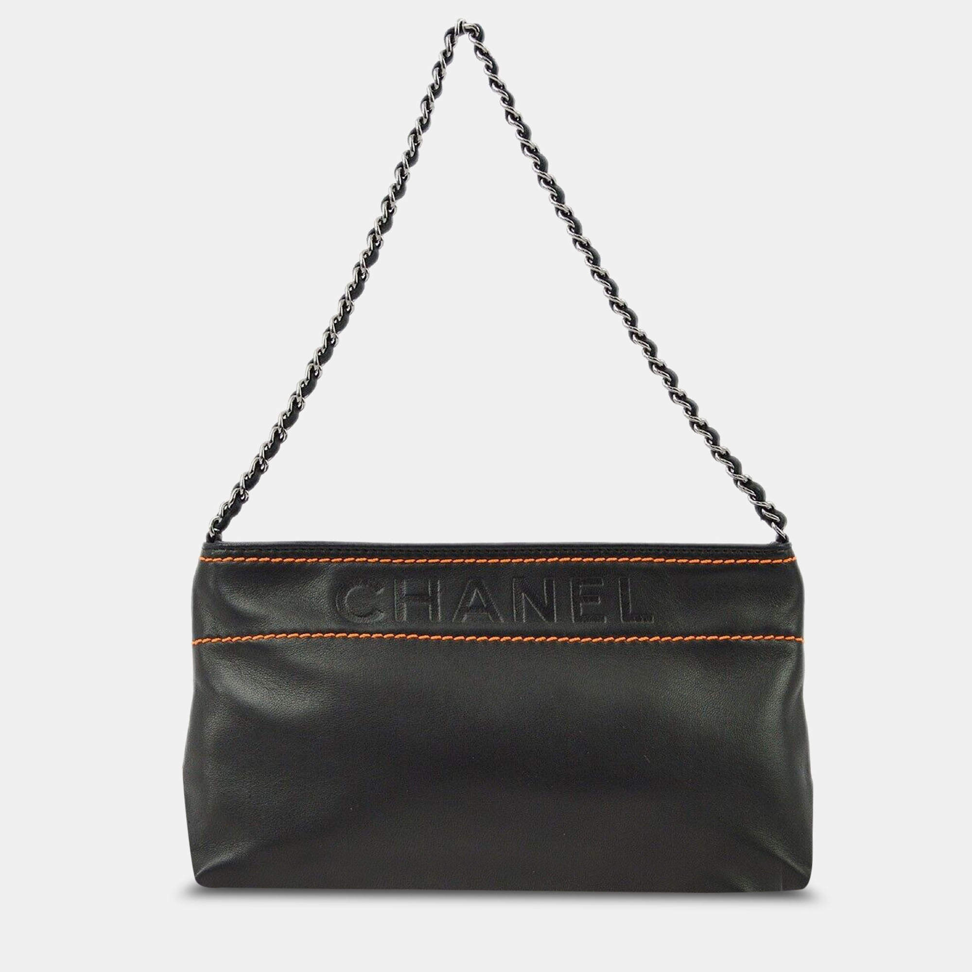 Chanel Black/Orange Lambskin Leather Shoulder Bag