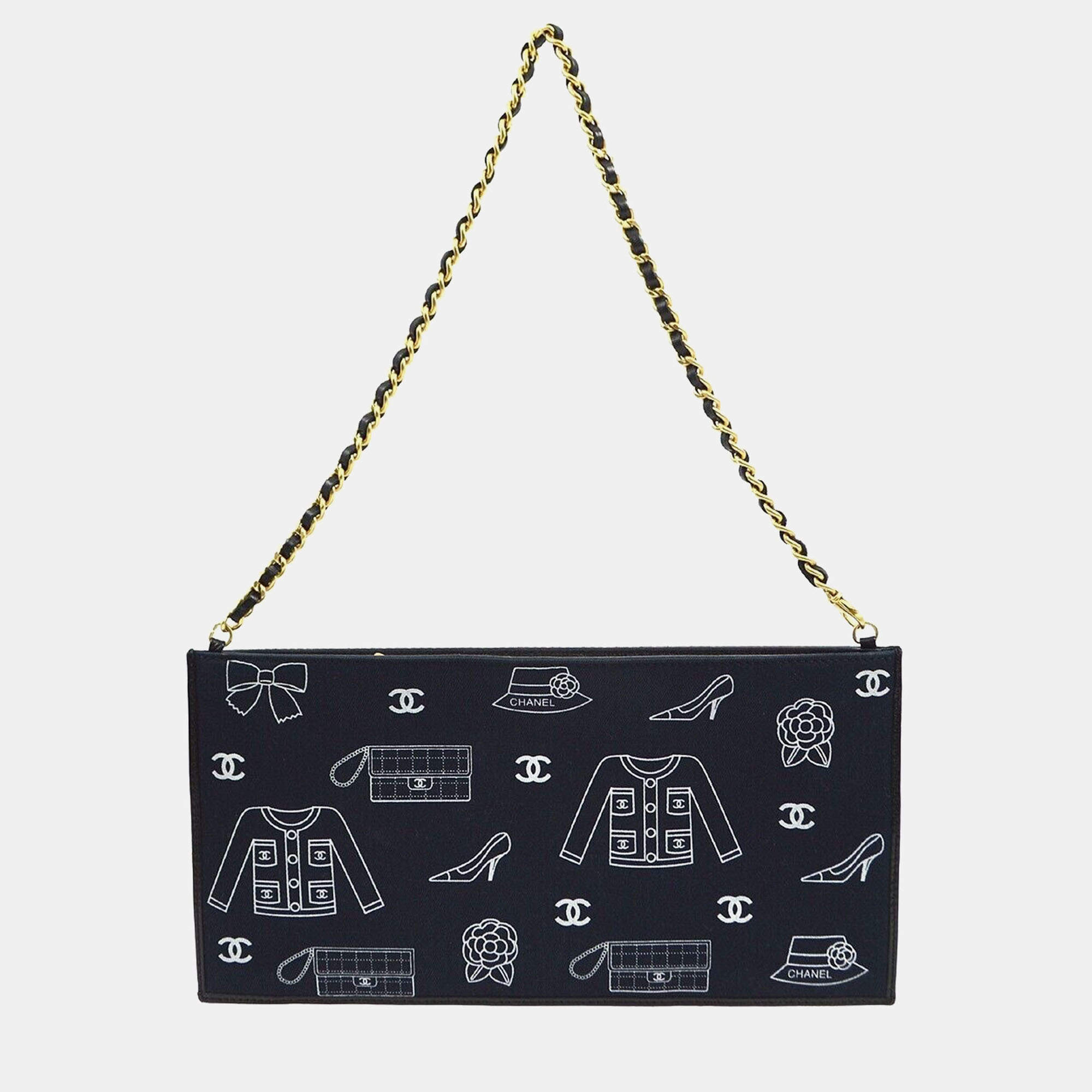 Pre Owned Chanel Black Canvas Icon Chain Handbag