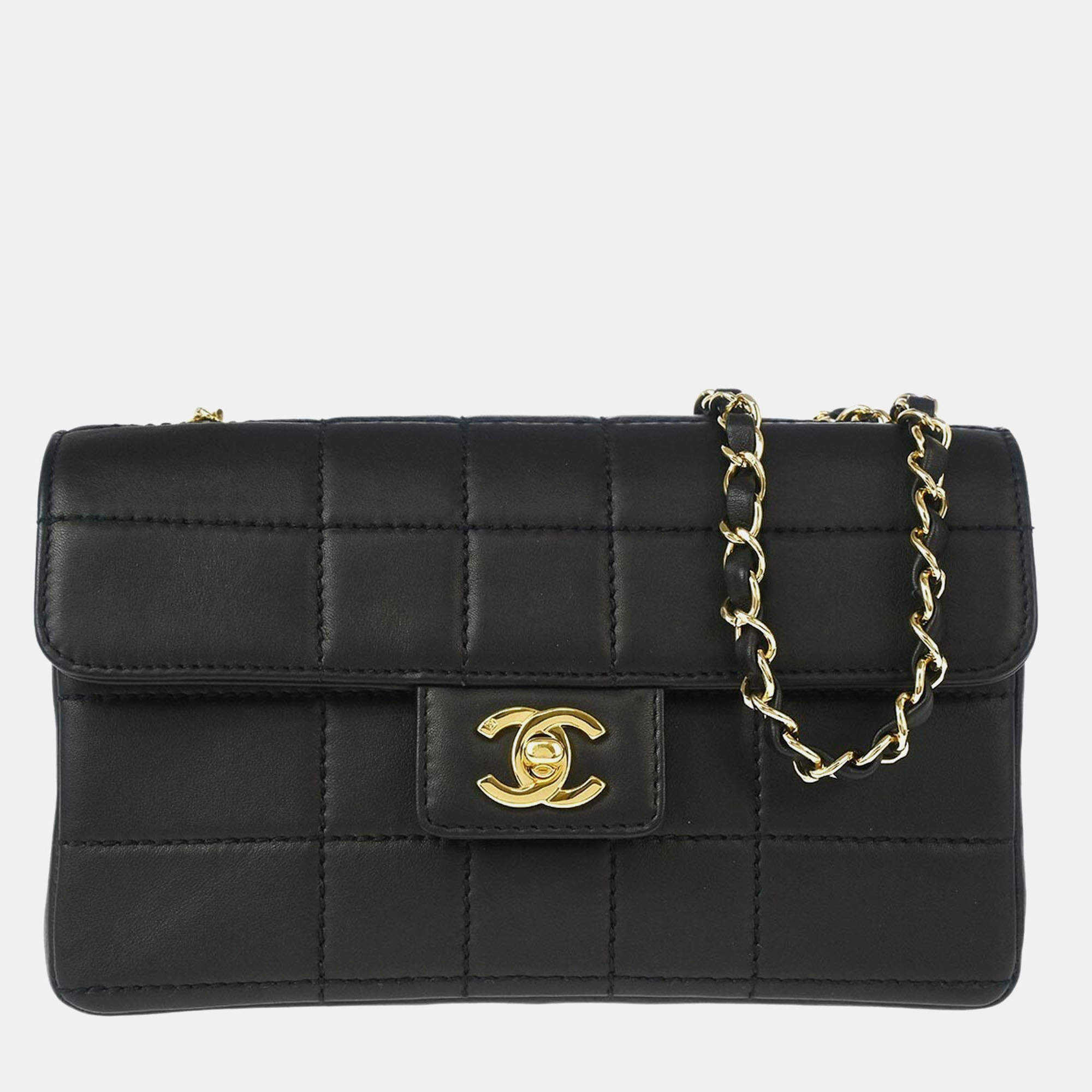 Chanel Black Leather Choco Bar Flap Shoulder Bag