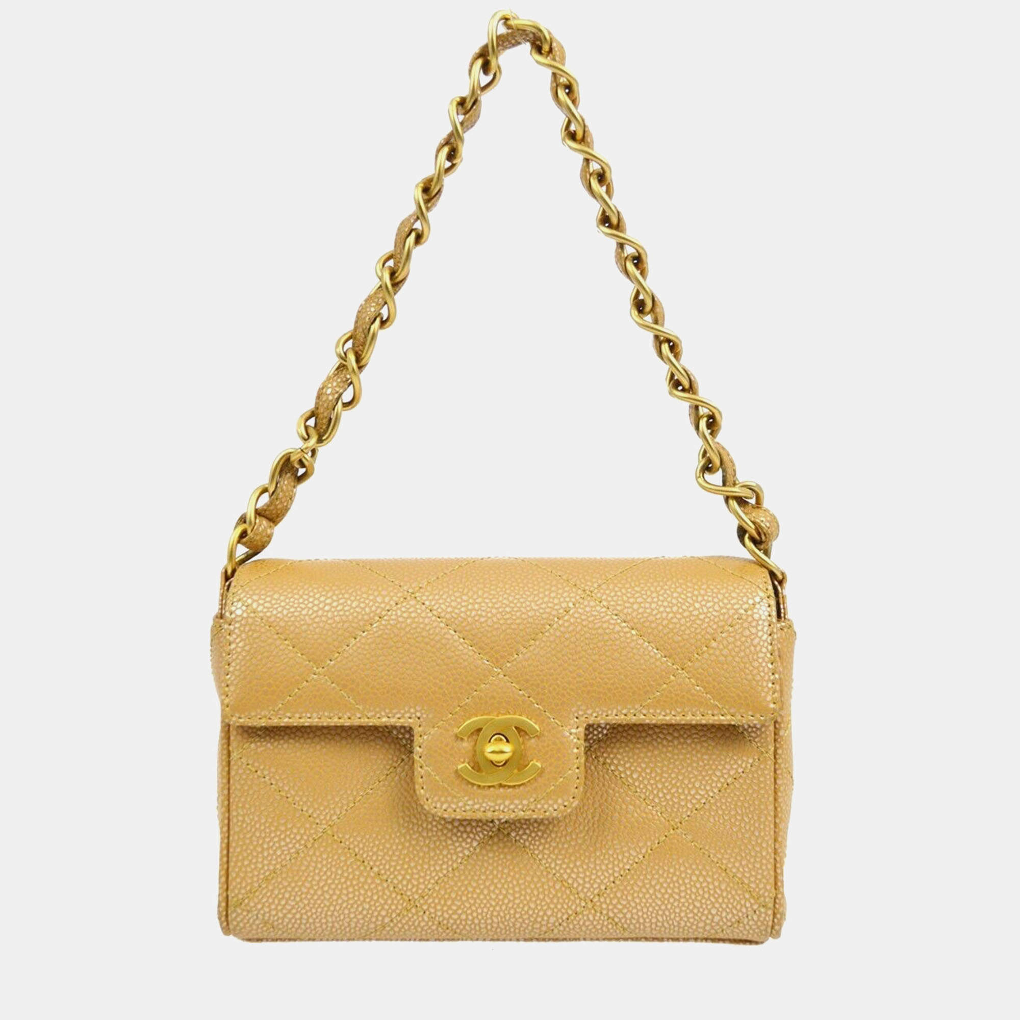Chanel Beige Caviar Leather Chain Flap Bag
