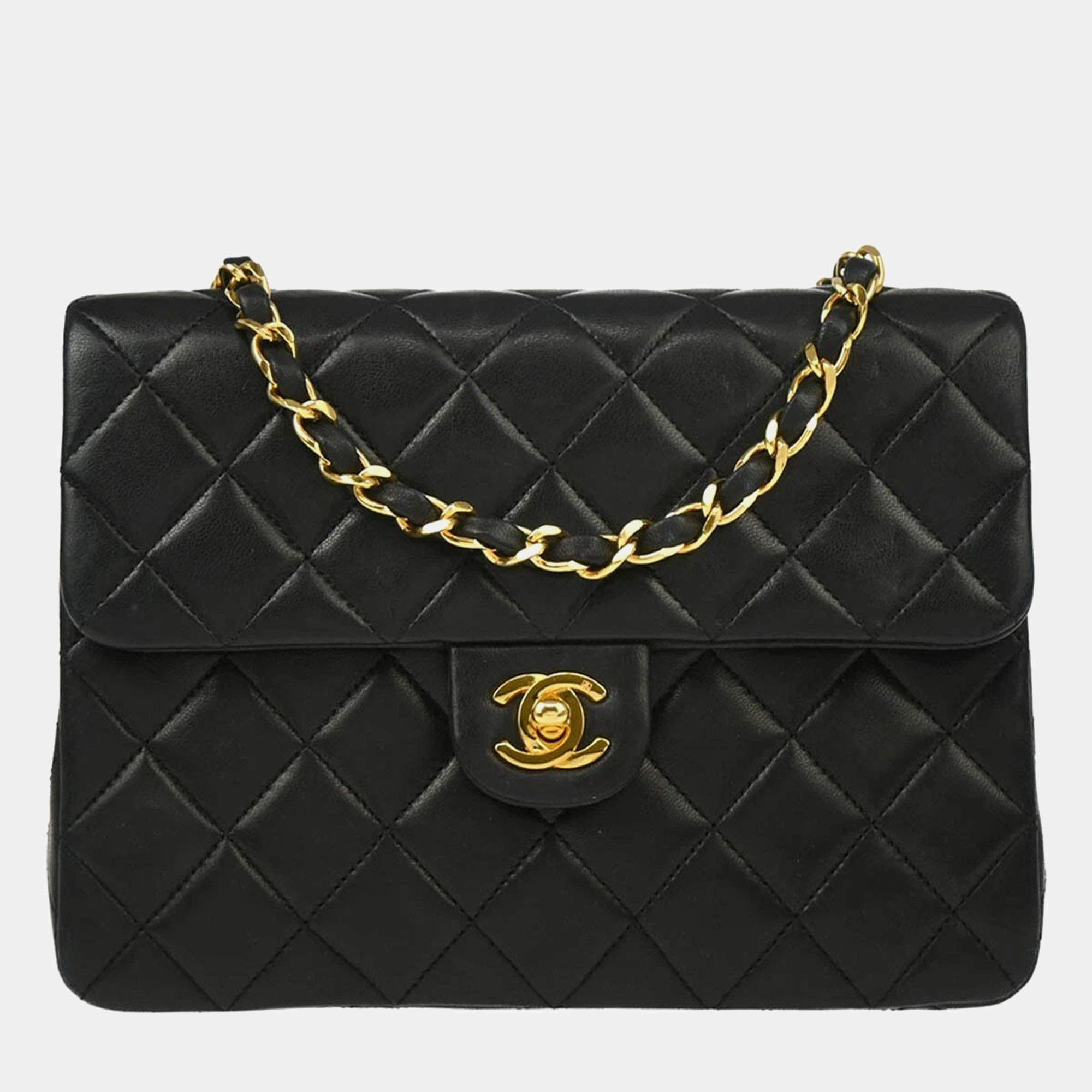Chanel Black Lambskin Classic Square Flap Shoulder Bag
