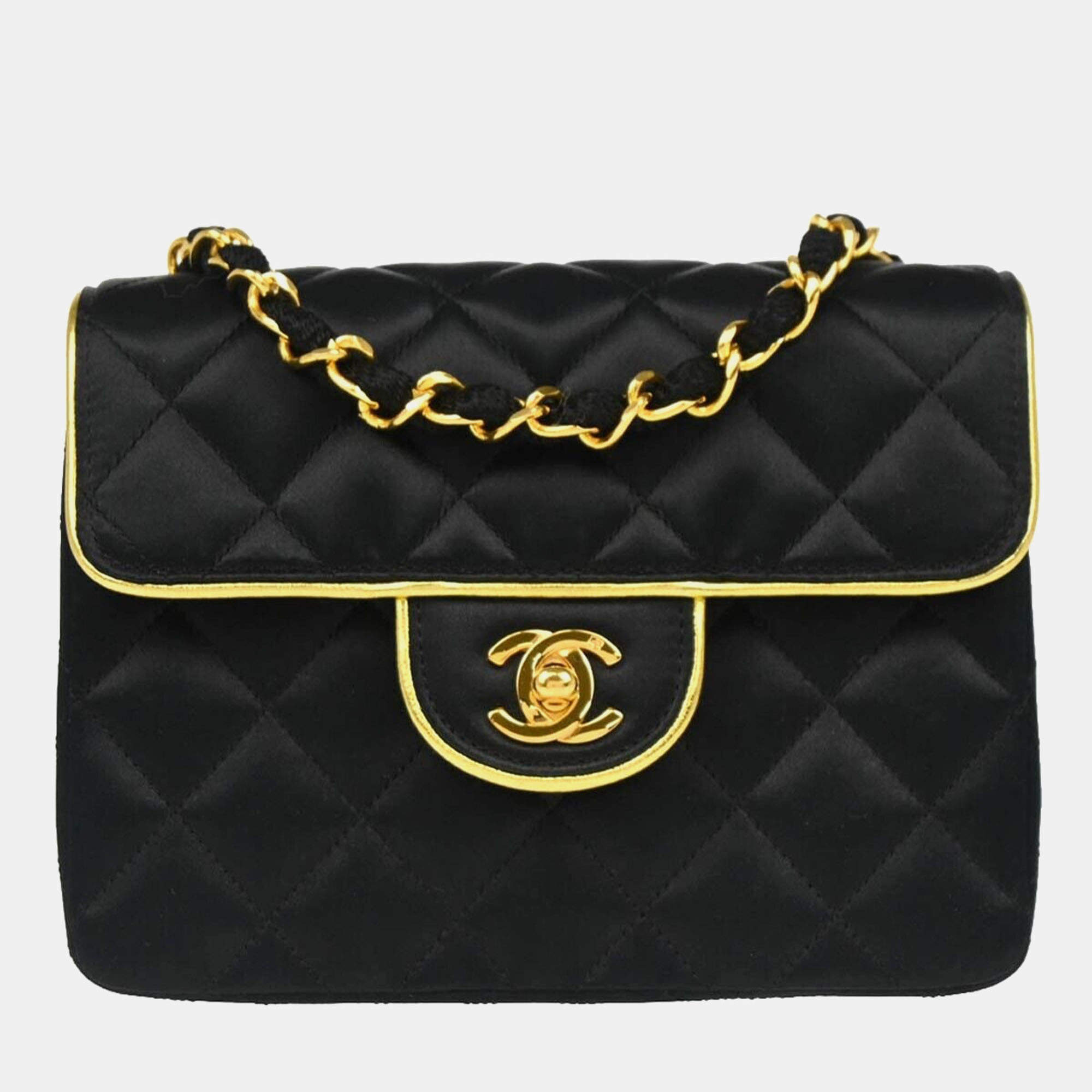 Pre Owned Chanel Black Satin Mini Classic Square Flap Shoulder Bag 
