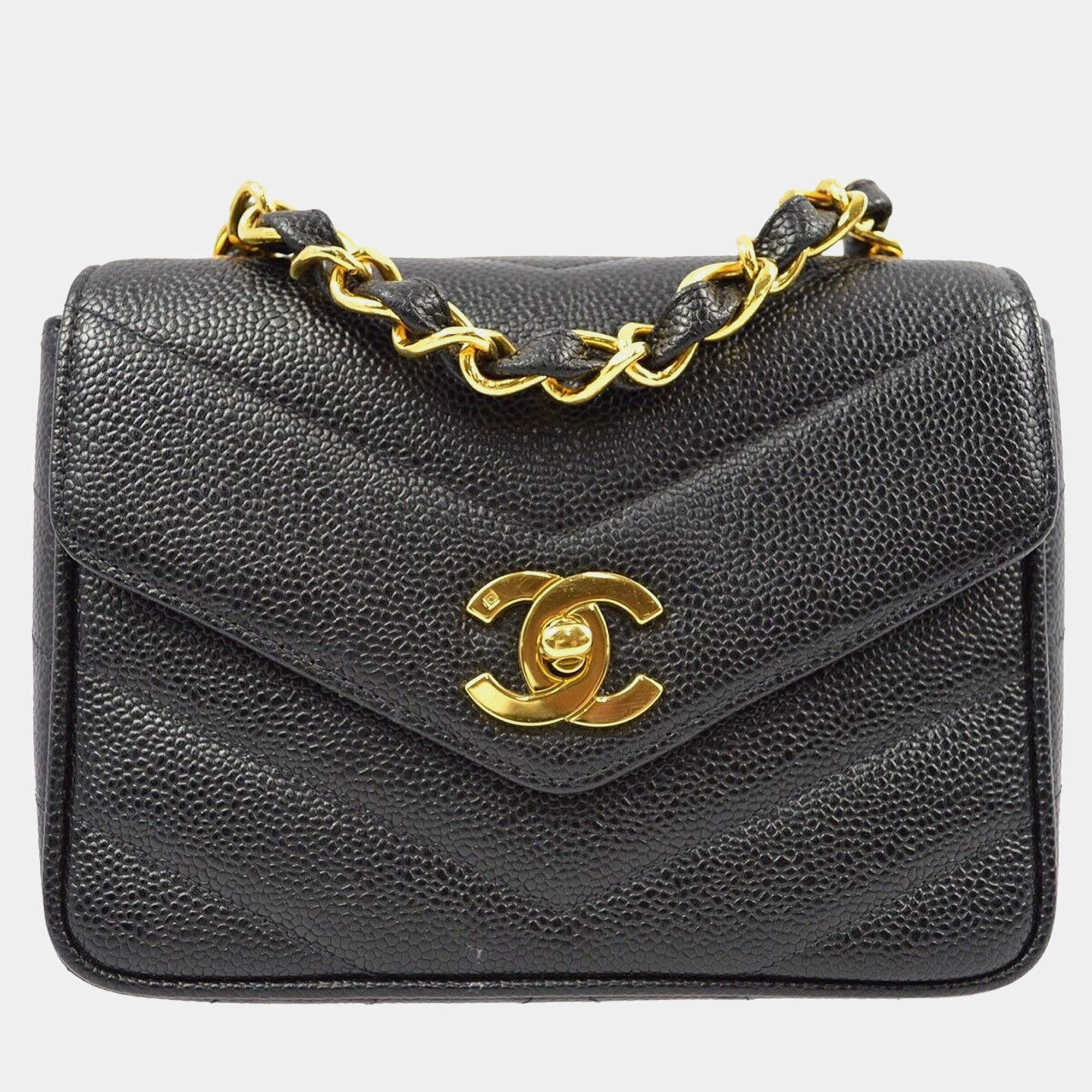 Pre Owned Chanel Black Calfskin Chevron Mini Square Shoulder Bag