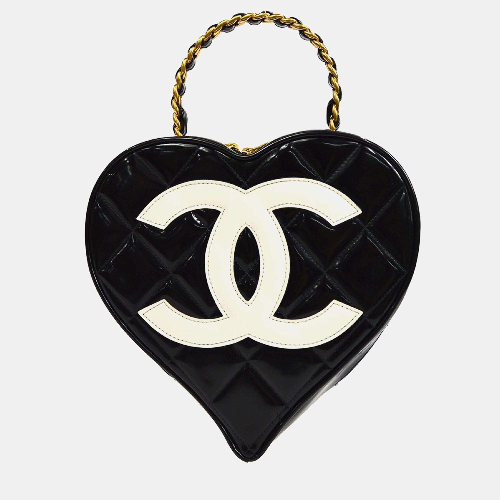 Chanel Black Patent Leather Heart Vanity Handbag