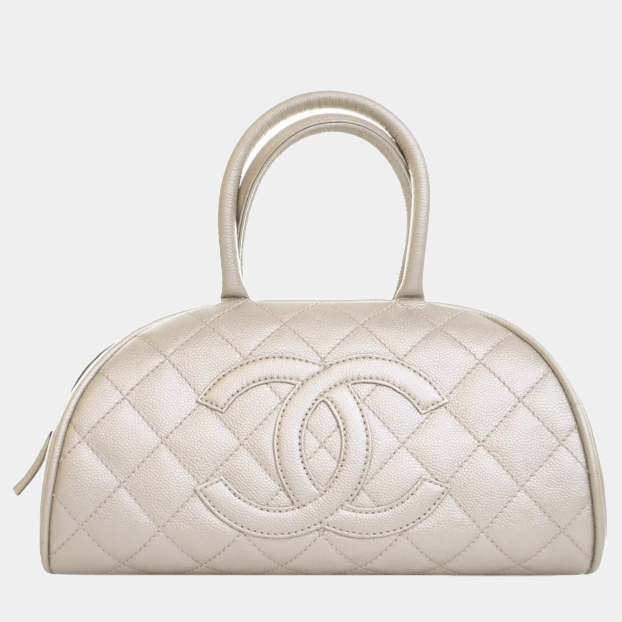Chanel White Metallic Quilted Caviar Bowler Bag