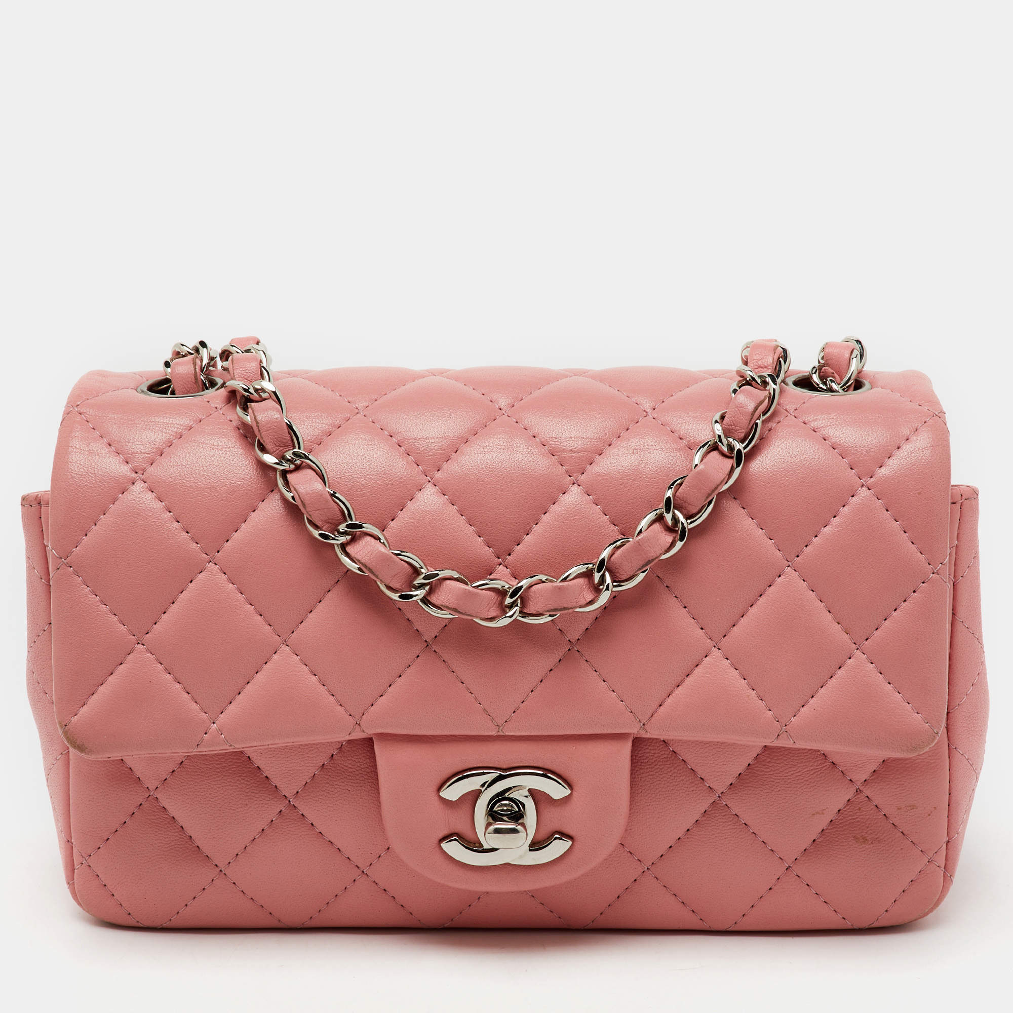Pre Owned Chanel Pink Quilted Leather Mini Rectangle Classic Single Flap Bag