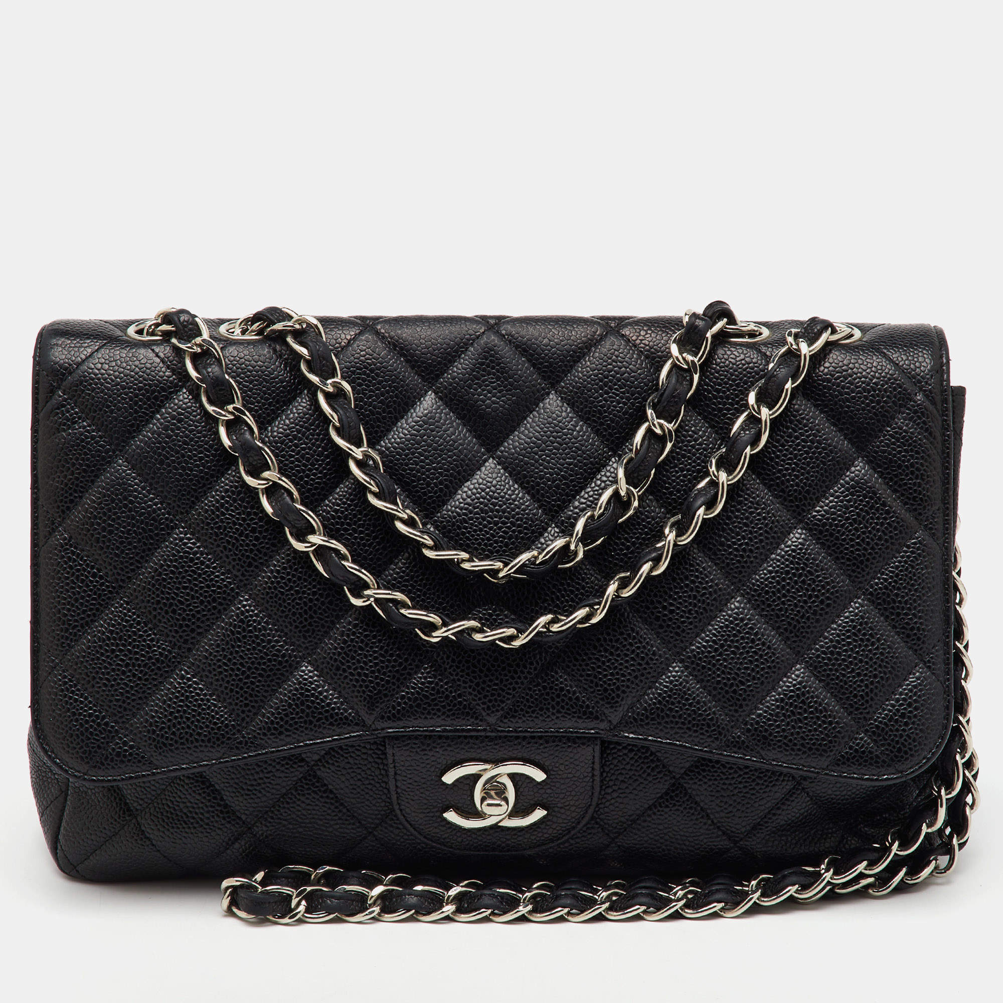 Pre Owned Chanel Black Quilted Caviar Leather Jumbo Classic Single Flap Bag
