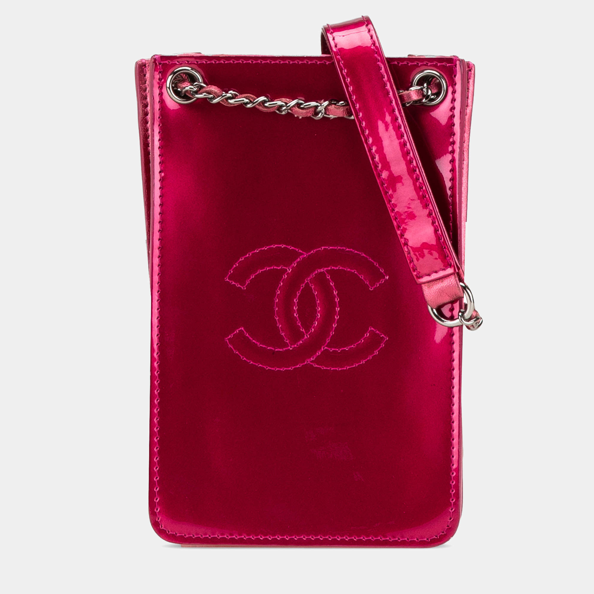 Pre Owned Chanel Pink CC Patent Phone Holder Crossbody