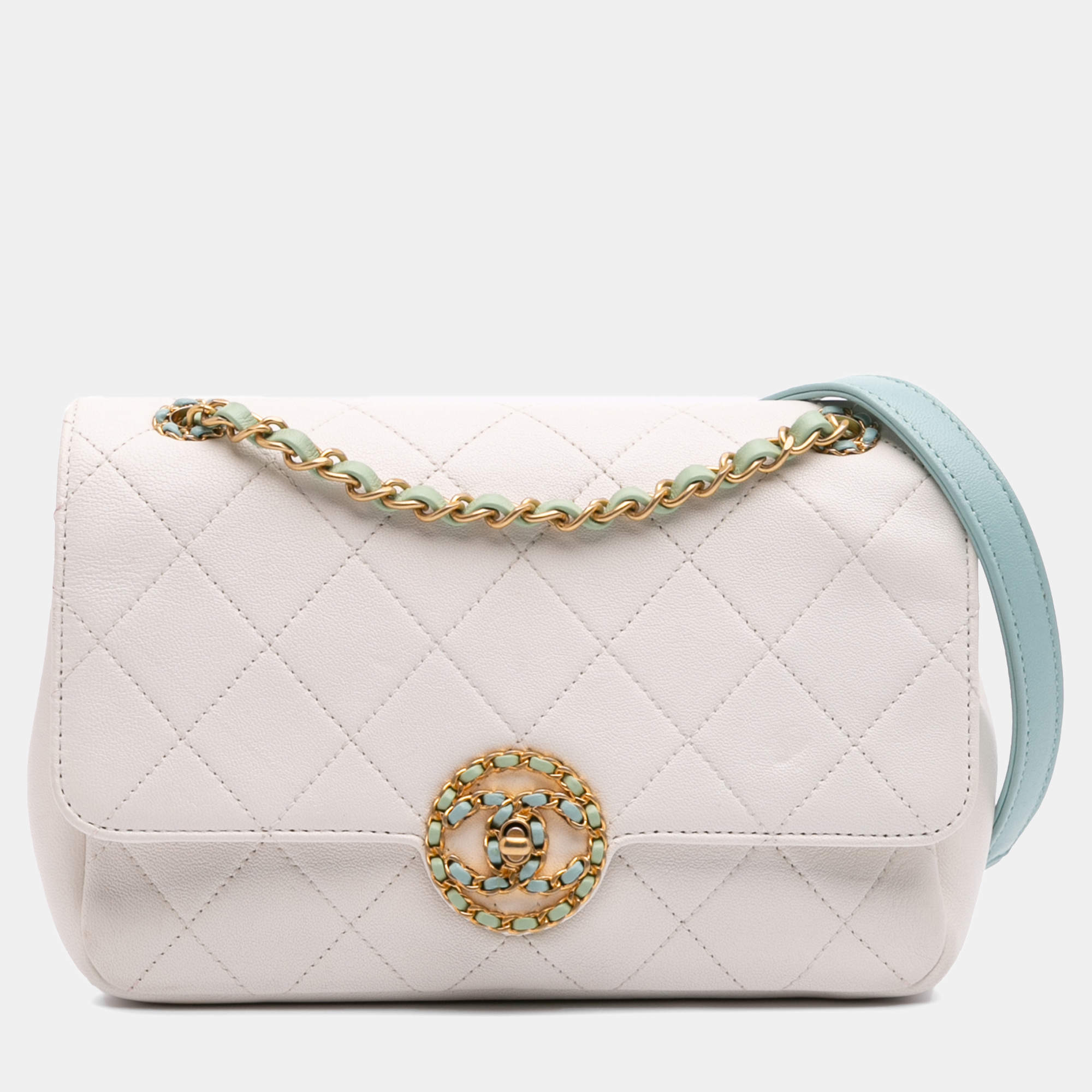 Pre Owned Chanel Blue/White CC Quilted Calfskin Single Flap