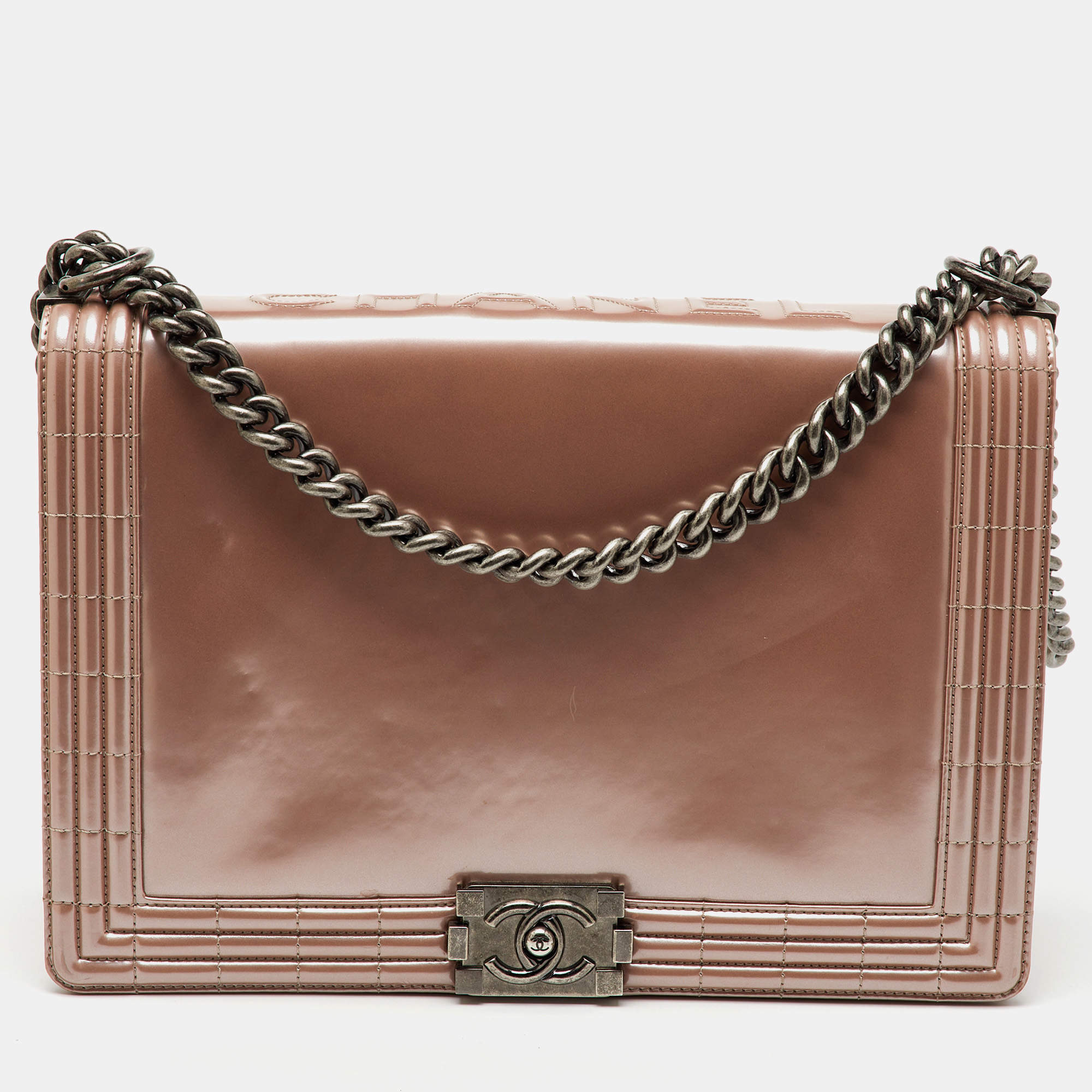 Chanel Beige Patent Leather Large Reverso Boy Flap Bag