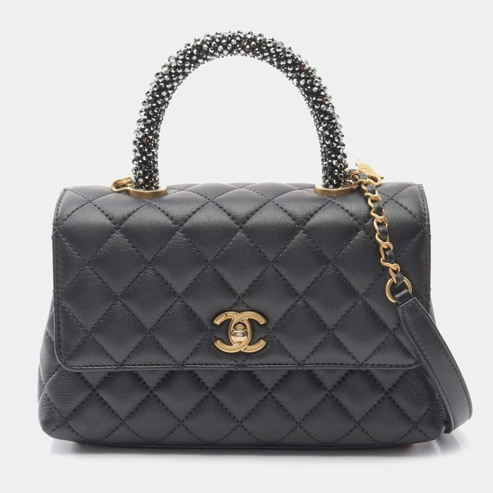 Pre Owned Chanel Black Lambskin Leather Top Handle Flap Bag