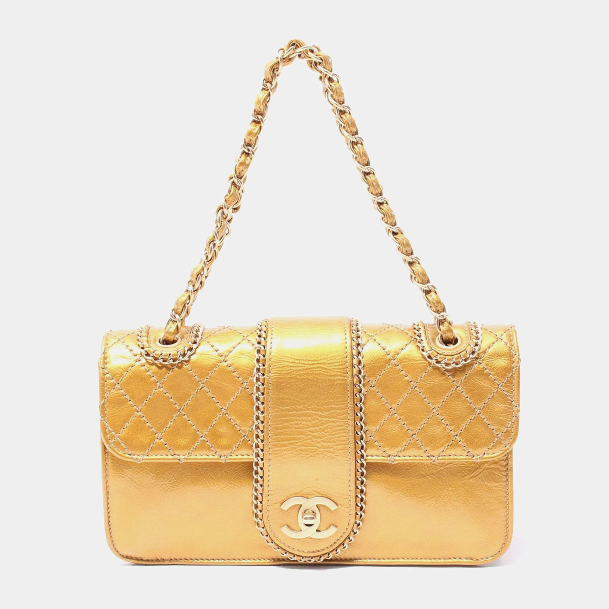 Pre Owned Chanel Gold Matelasse Patent Leather  Chain Shoulder Bag