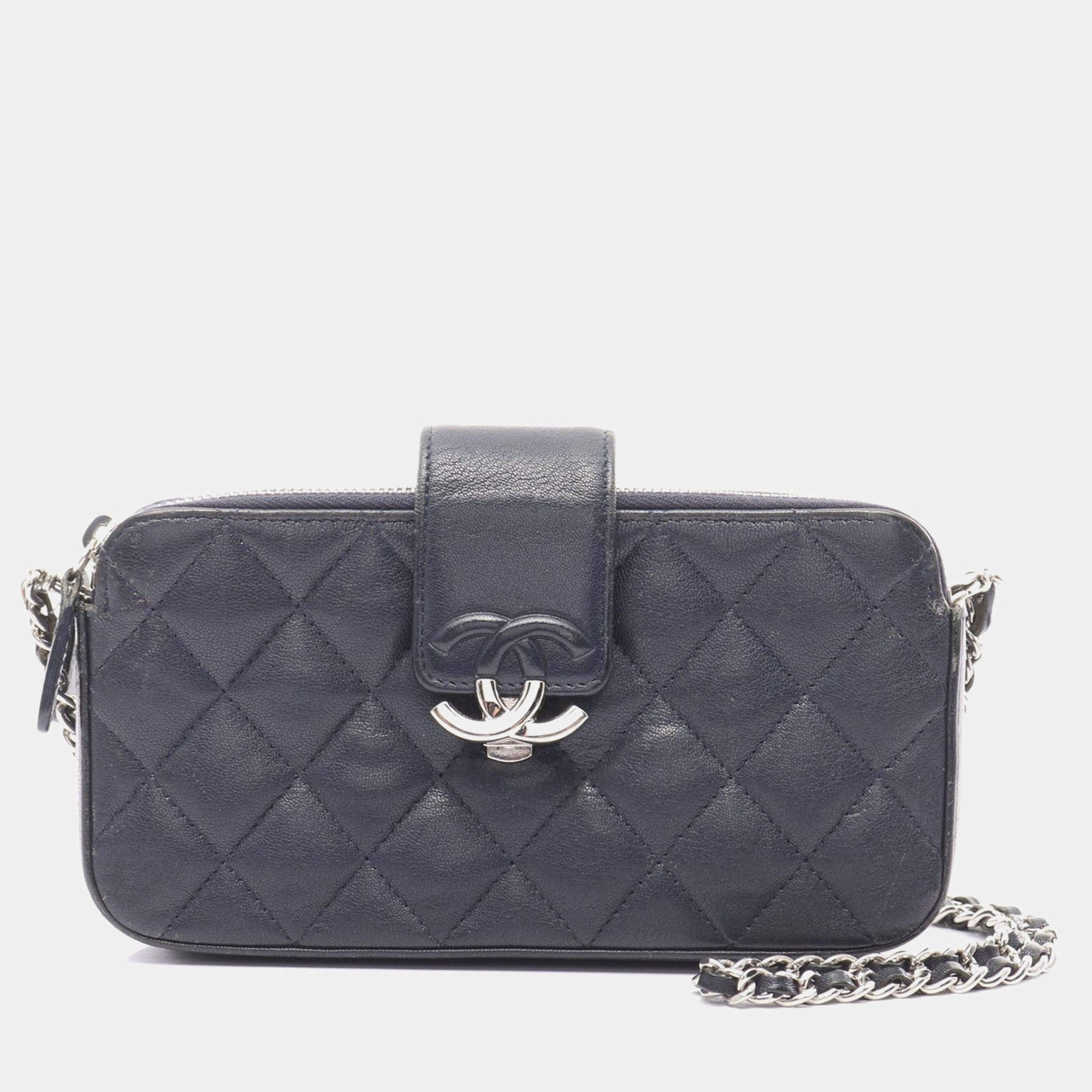 Chanel Navy Leather Half Flap Chain Shoulder Bag