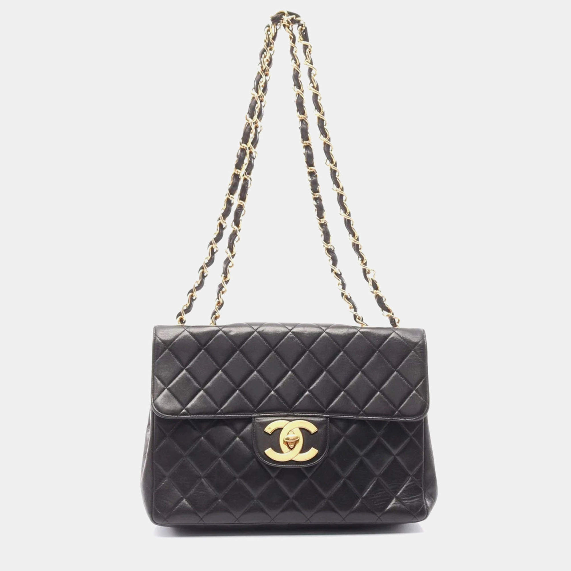 Pre Owned Chanel Black Lambskin Leather Jumbo Classic Flap Shoulder Bag