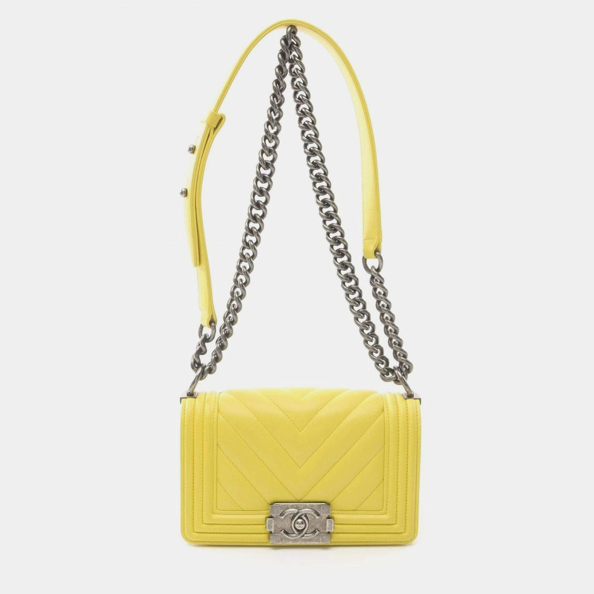 Pre Owned Chanel Yellow Lambskin Small Leather Boy Chanel Shoulder Bag