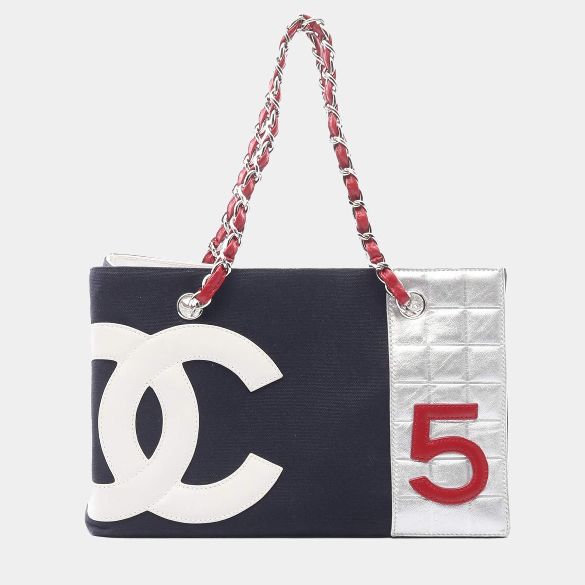 Chanel Navy Red Canvas Chocolate Bar Tote Bag