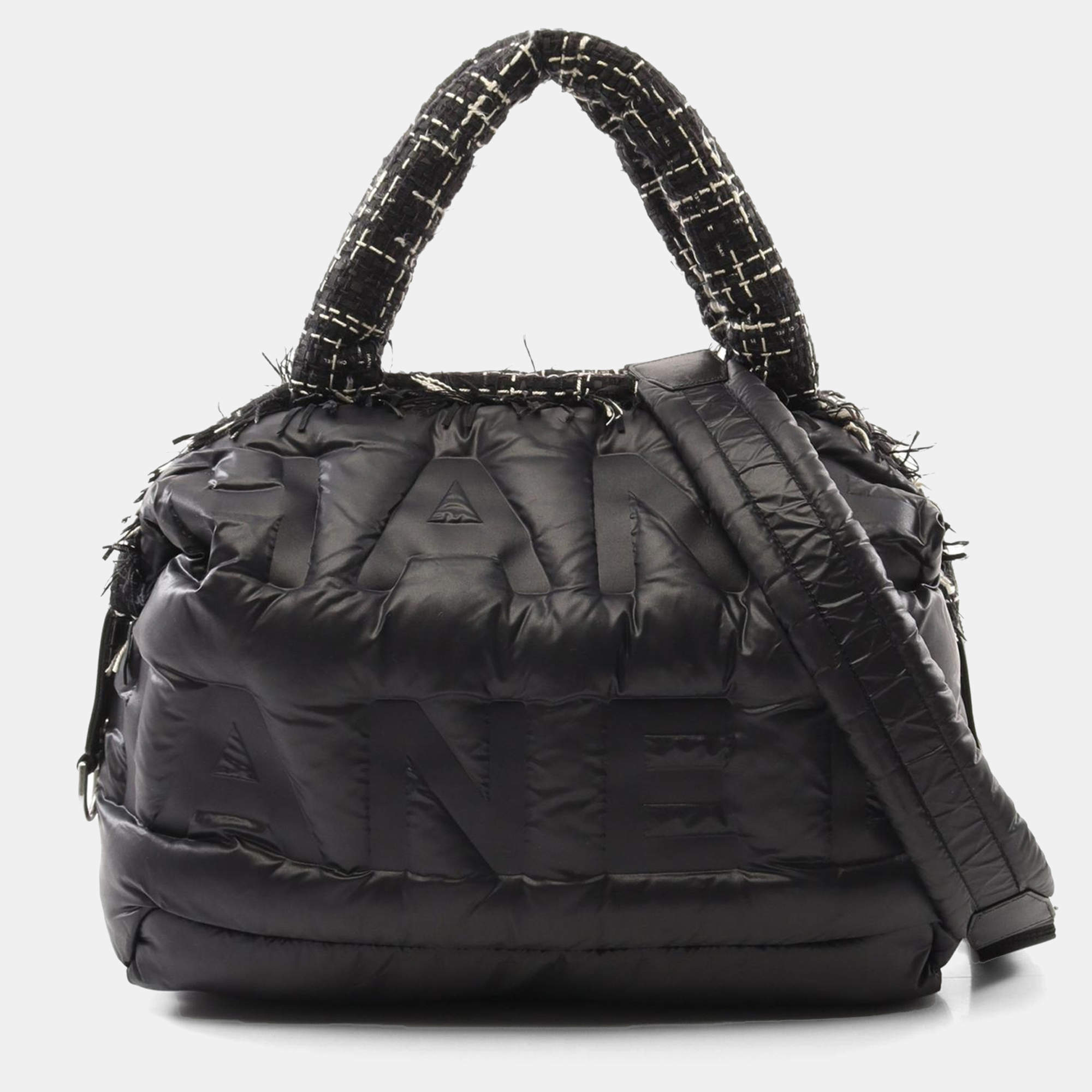 Pre Owned Chanel Black Nylon Coco Tweed Doudoune Bowling Bag