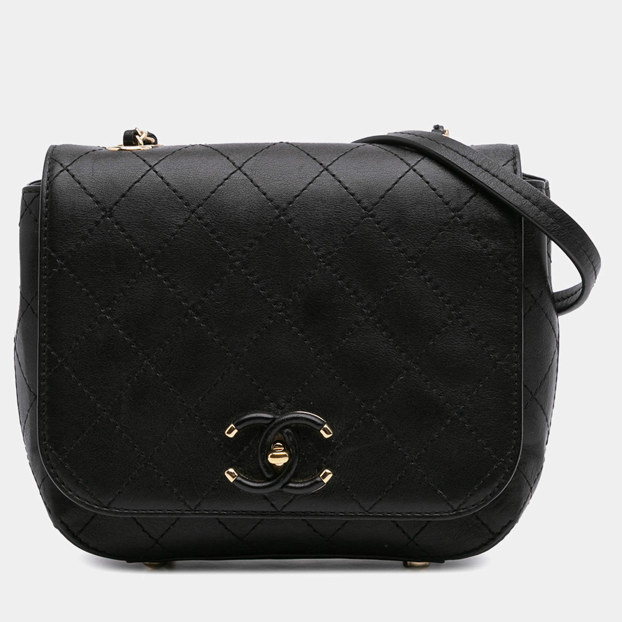 Pre Owned Chanel Black Small Stitched Calfskin Covered CC Flap