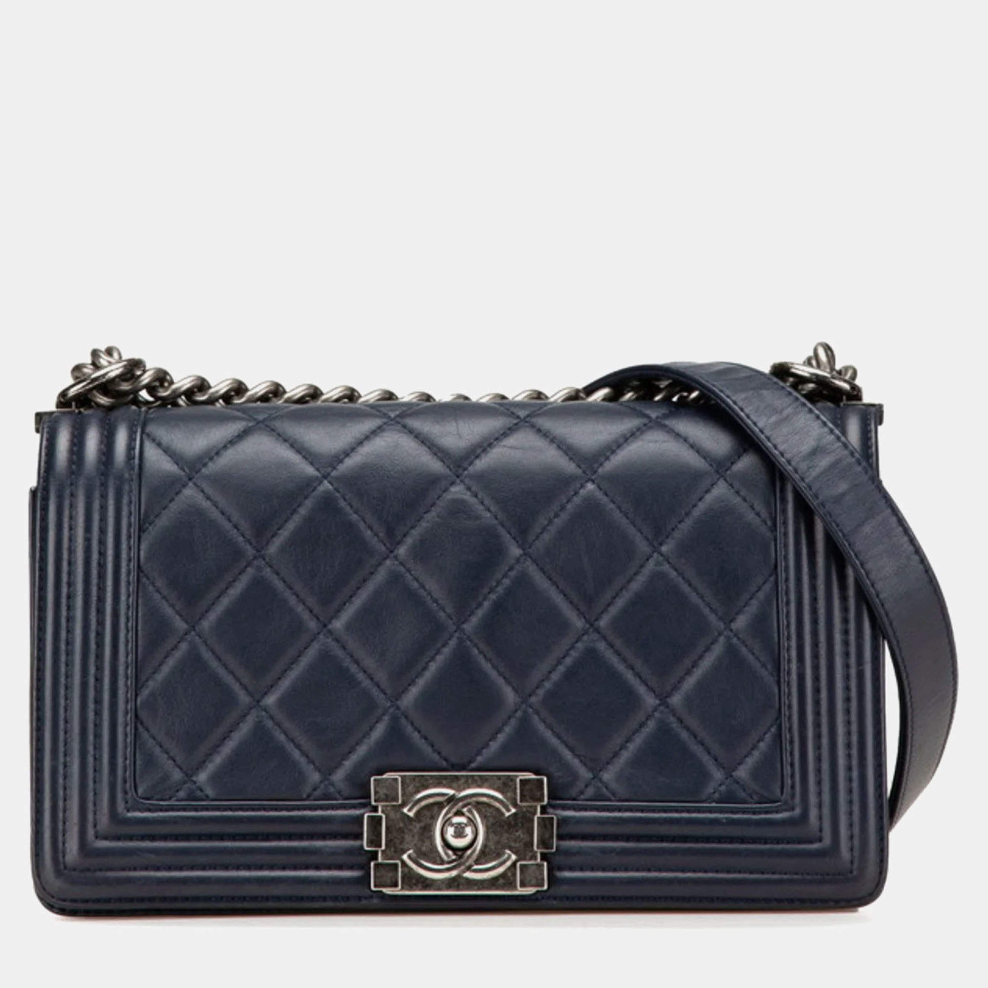Chanel Navy Lambskin Boy Chain Shoulder Bag