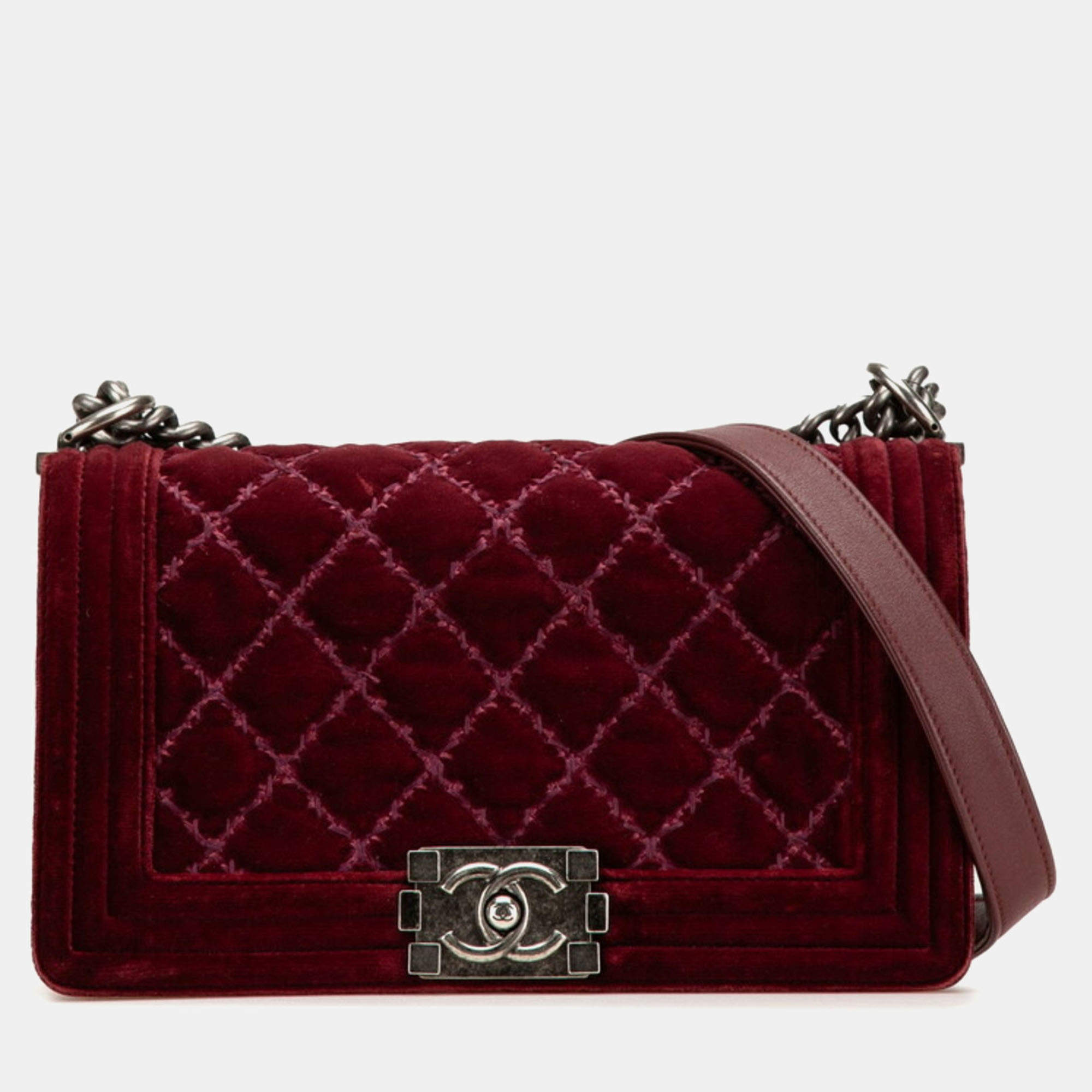 Pre Owned Chanel Burgundy Velvet Medium Velvet Boy Bag