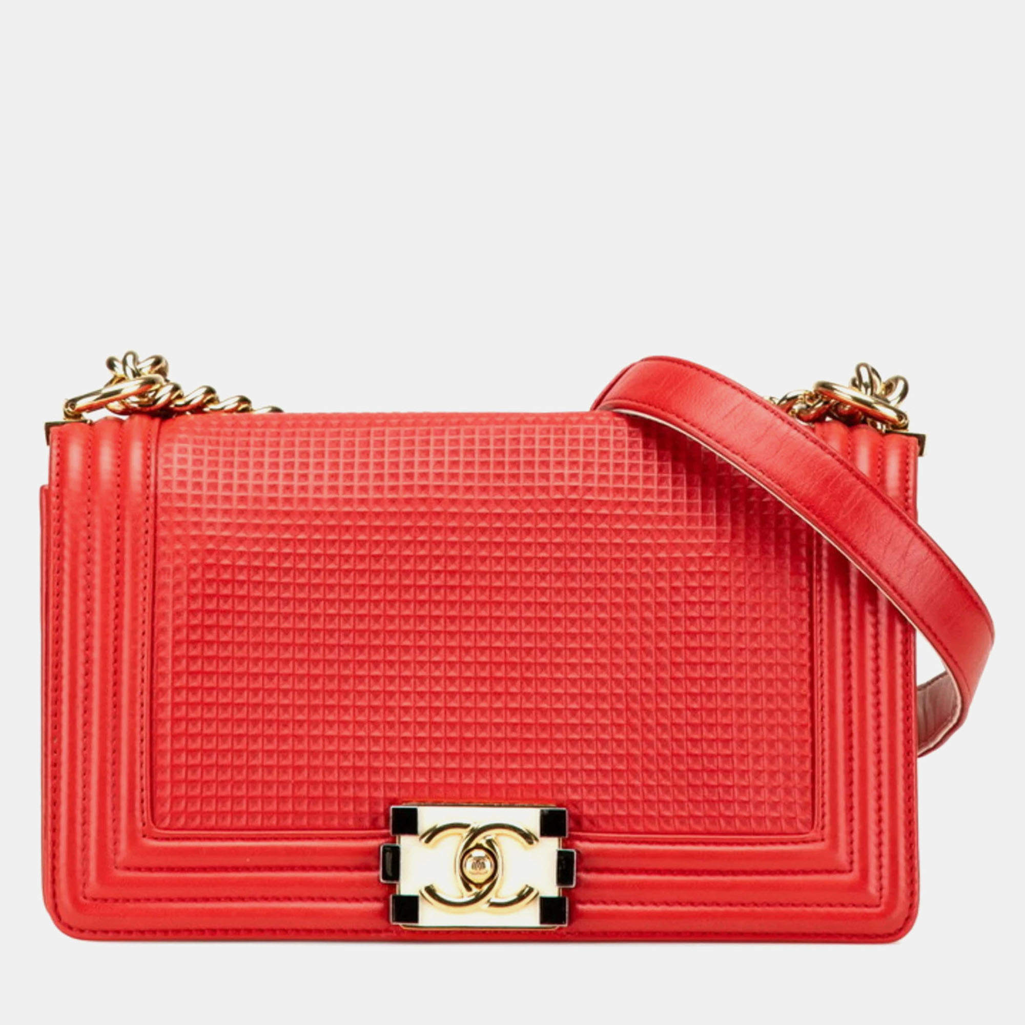 Pre Owned Chanel Red Leather Boy Waffle Chain Shoulder Bag