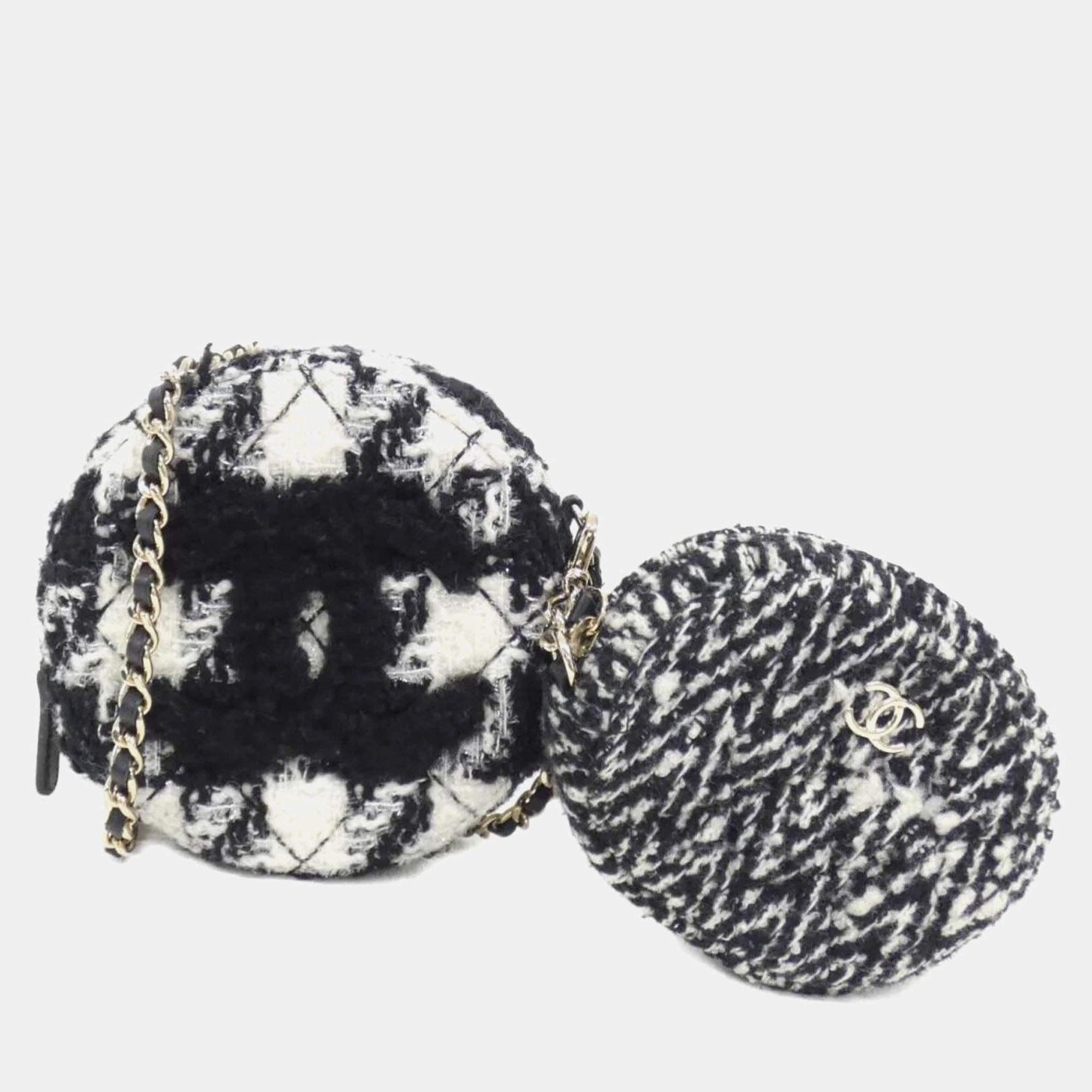 Chanel Black and White Tweed Shearling Round Clutch With Chain and Coin Purse
