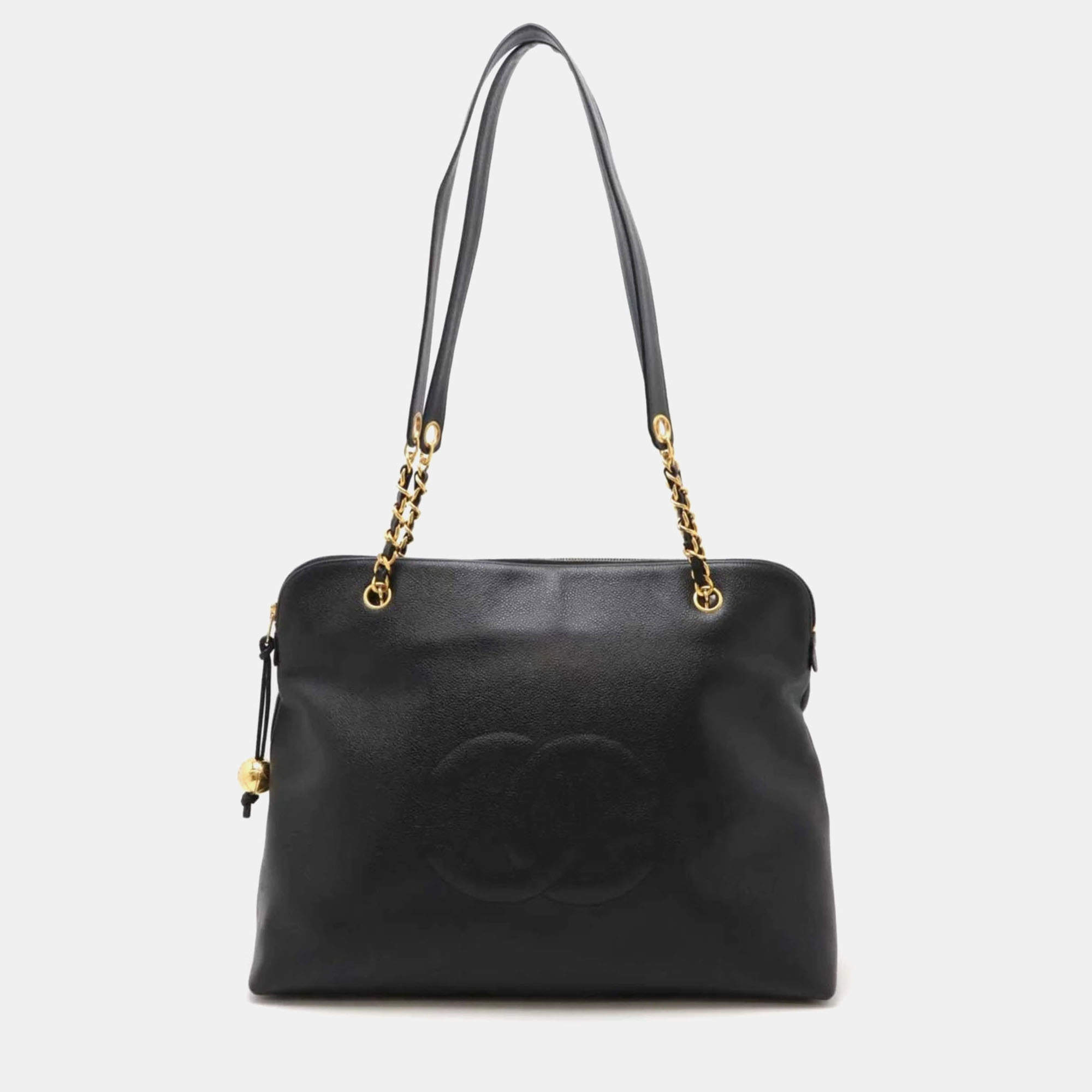 Chanel Coco Mark Ball Chain Tote Bag Large Shoulder Caviar Skin Black