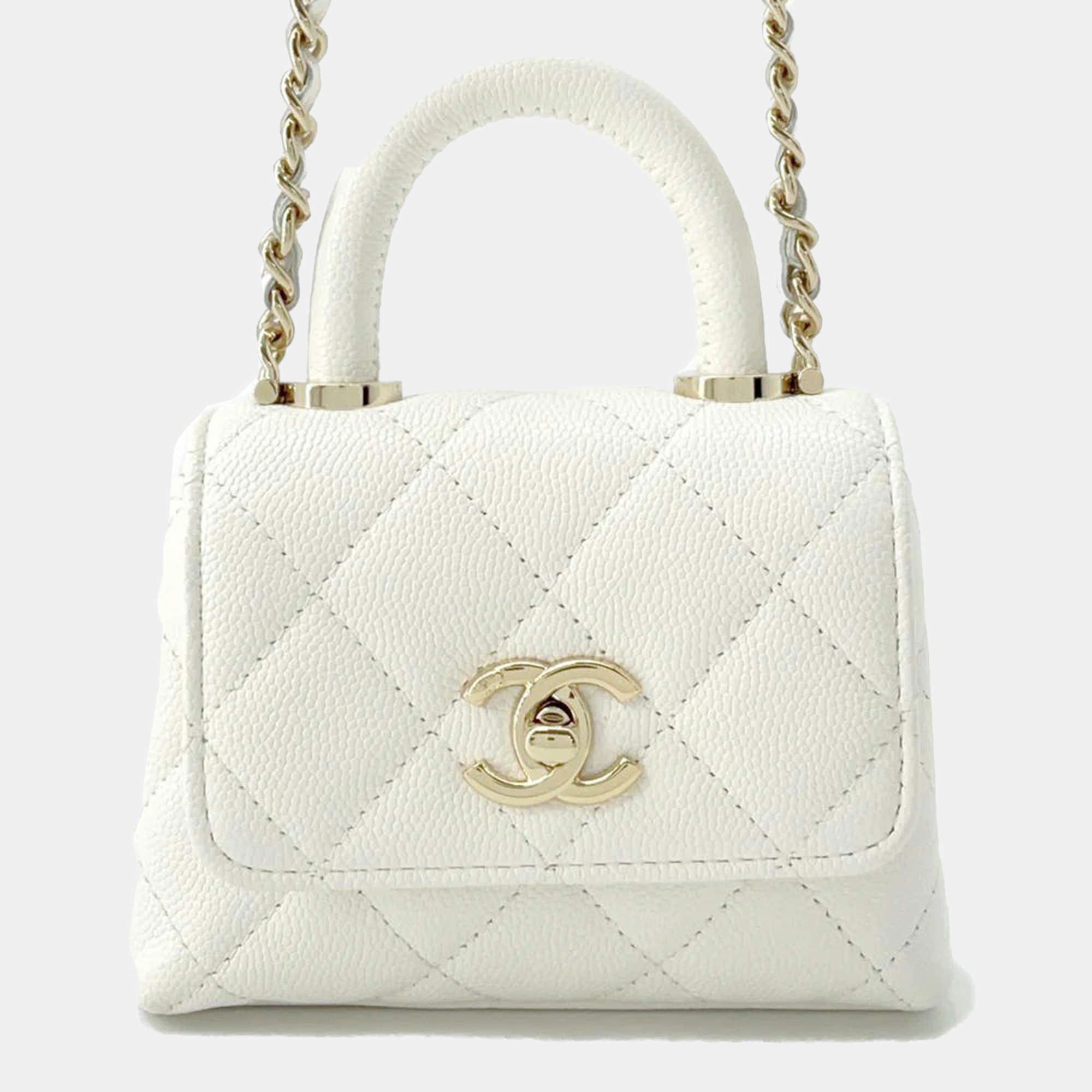 Chanel White Caviar Quilted Micro Coco Handle Clutch With Chain