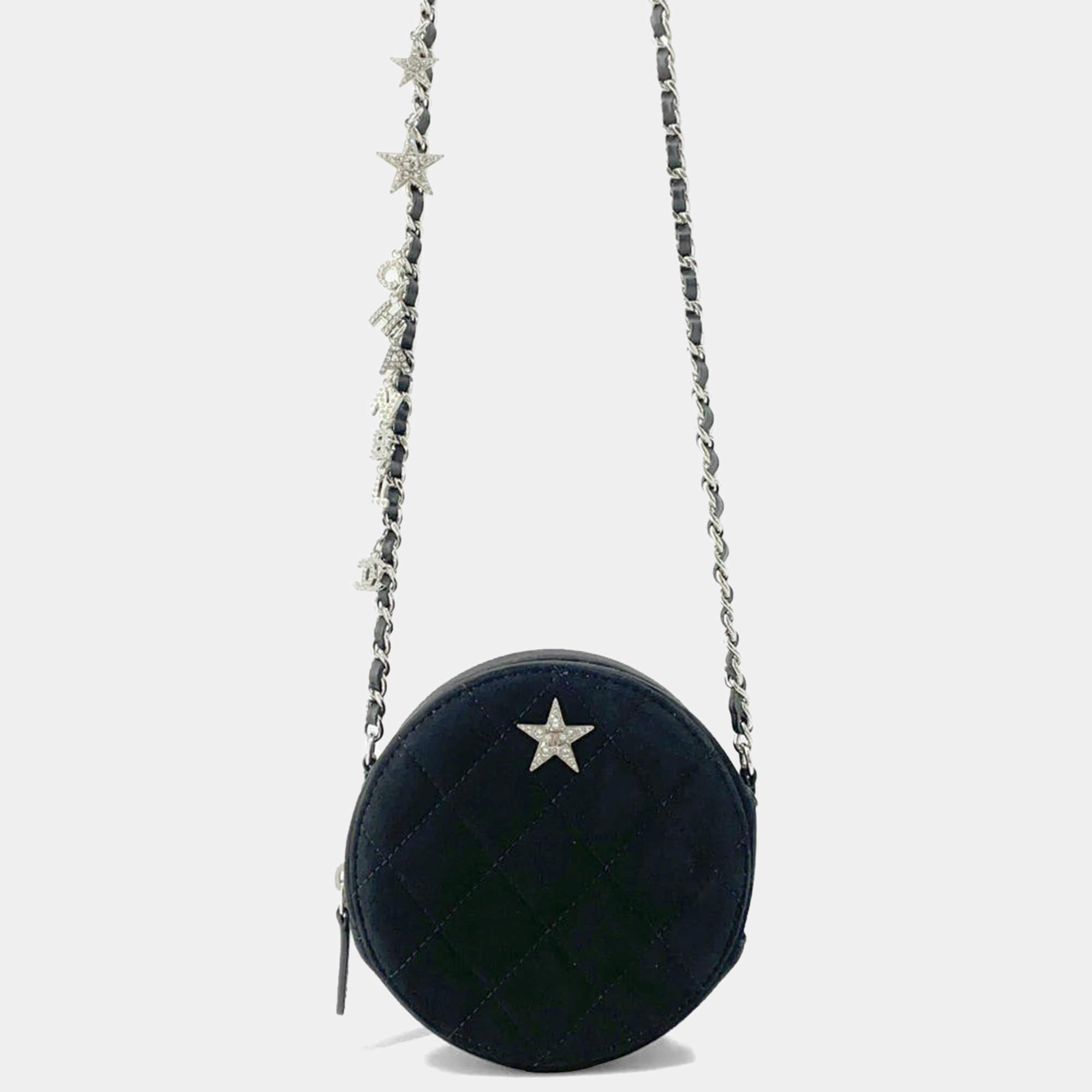 Pre Owned Chanel Black Suede Star Motif Round Chain Shoulder Bag