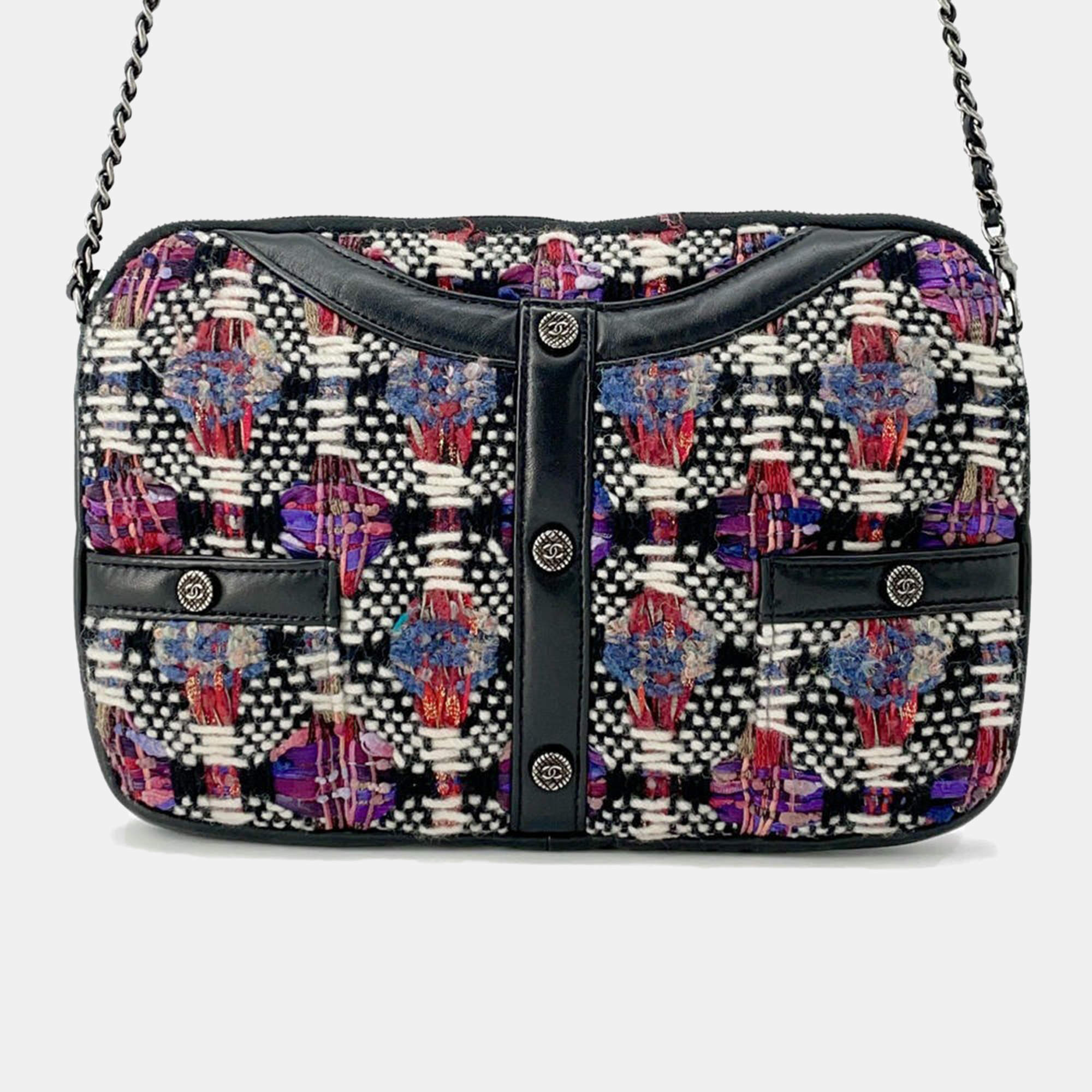 Pre Owned Chanel Black/Multicolor Tweed Lambskin Girl Chain Shoulder Bag