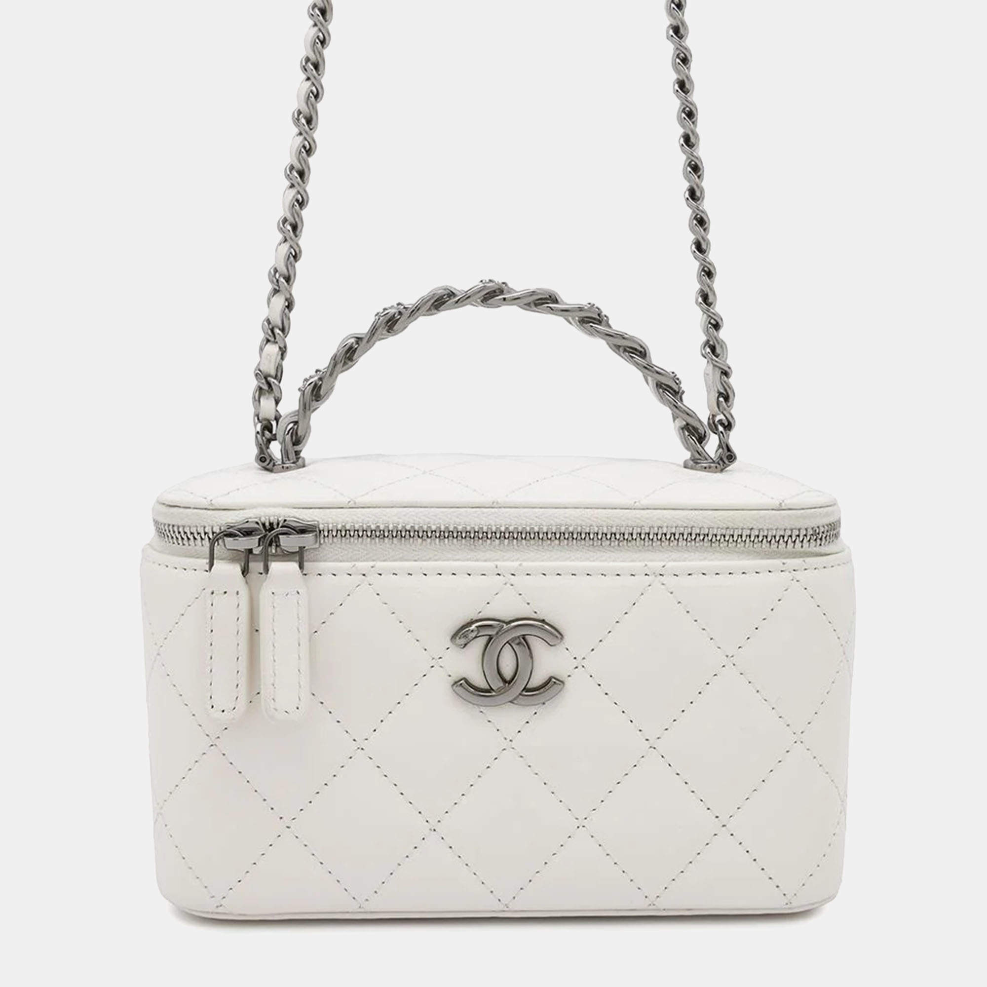 Chanel Matelasse Chain Vanity Bag White Lambskin Rhinestone