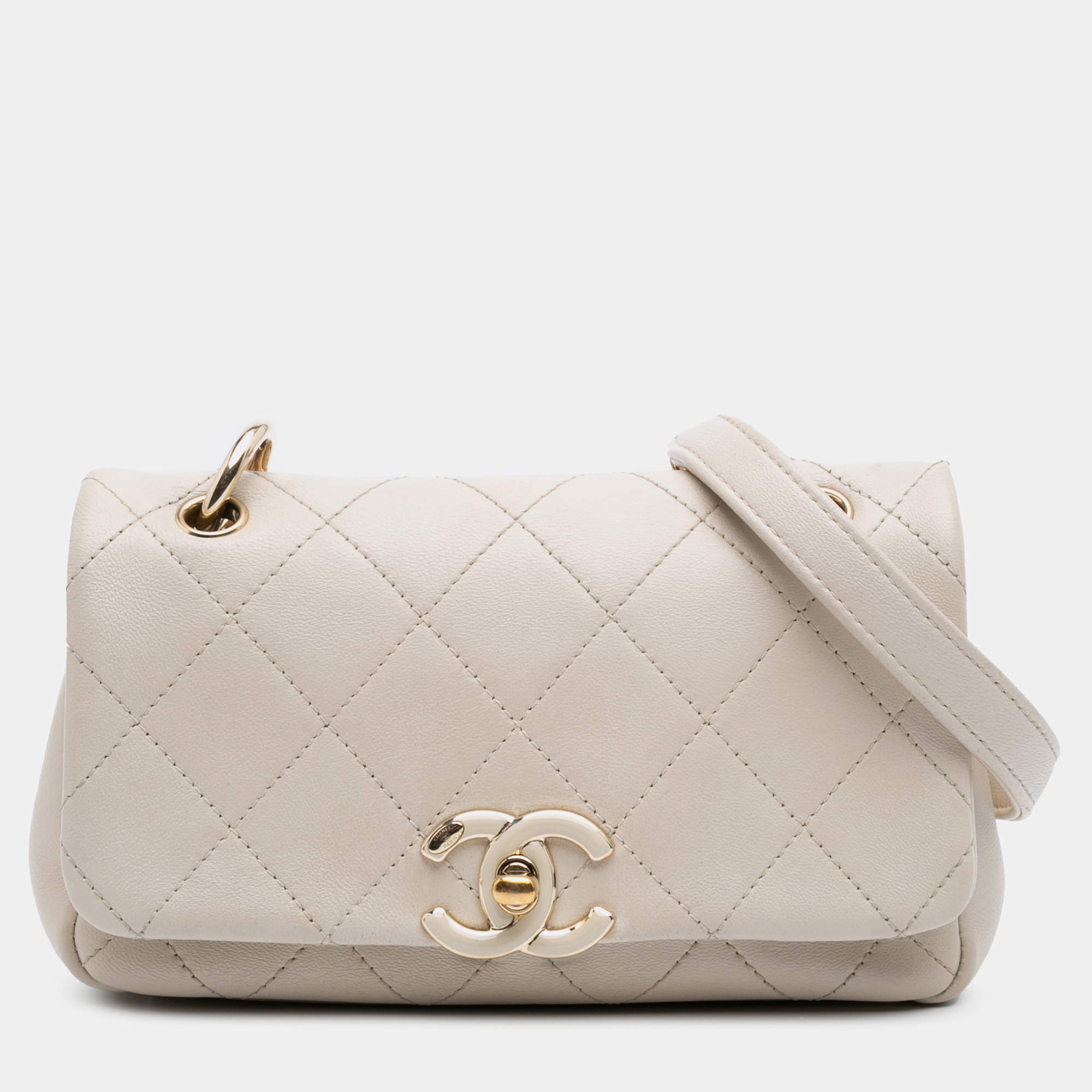 Pre Owned Chanel Beige Medium Lambskin Twist Chain Enamel CC Flap