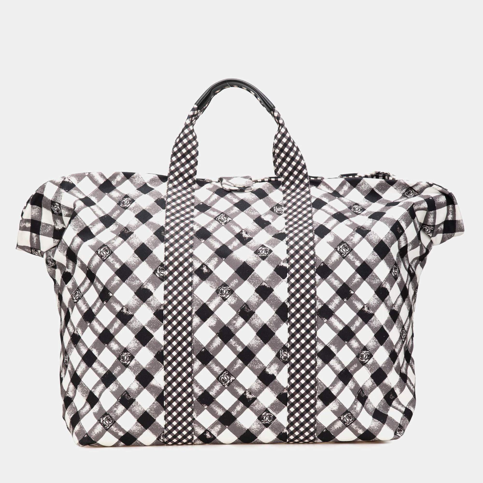 Pre Owned Chanel Black/White Printed Canvas Gingham Weekender Tote