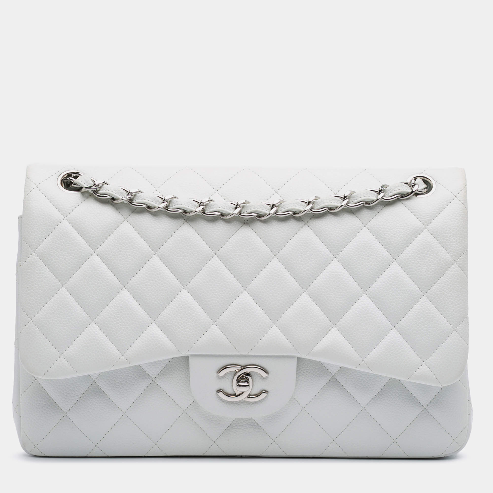 Pre Owned Chanel White Jumbo Classic Caviar Double Flap