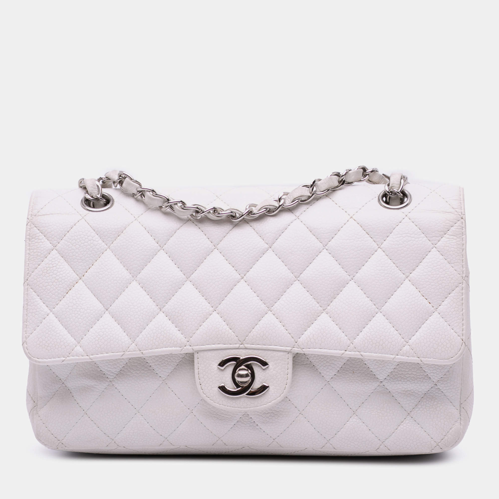 Pre Owned Chanel White Medium Classic Caviar Double Flap