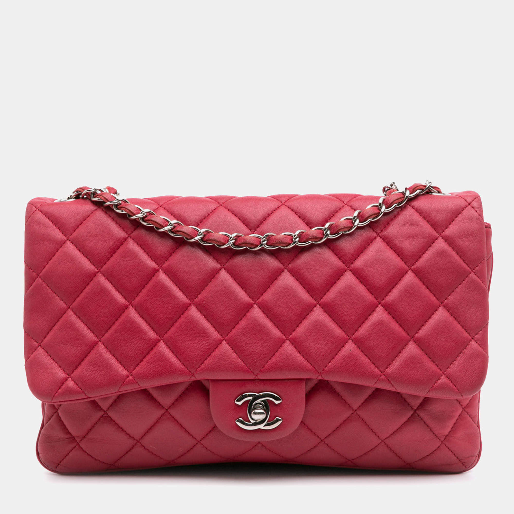 Pre Owned Chanel Pink Jumbo Quilted Lambskin 3 Accordion Flap