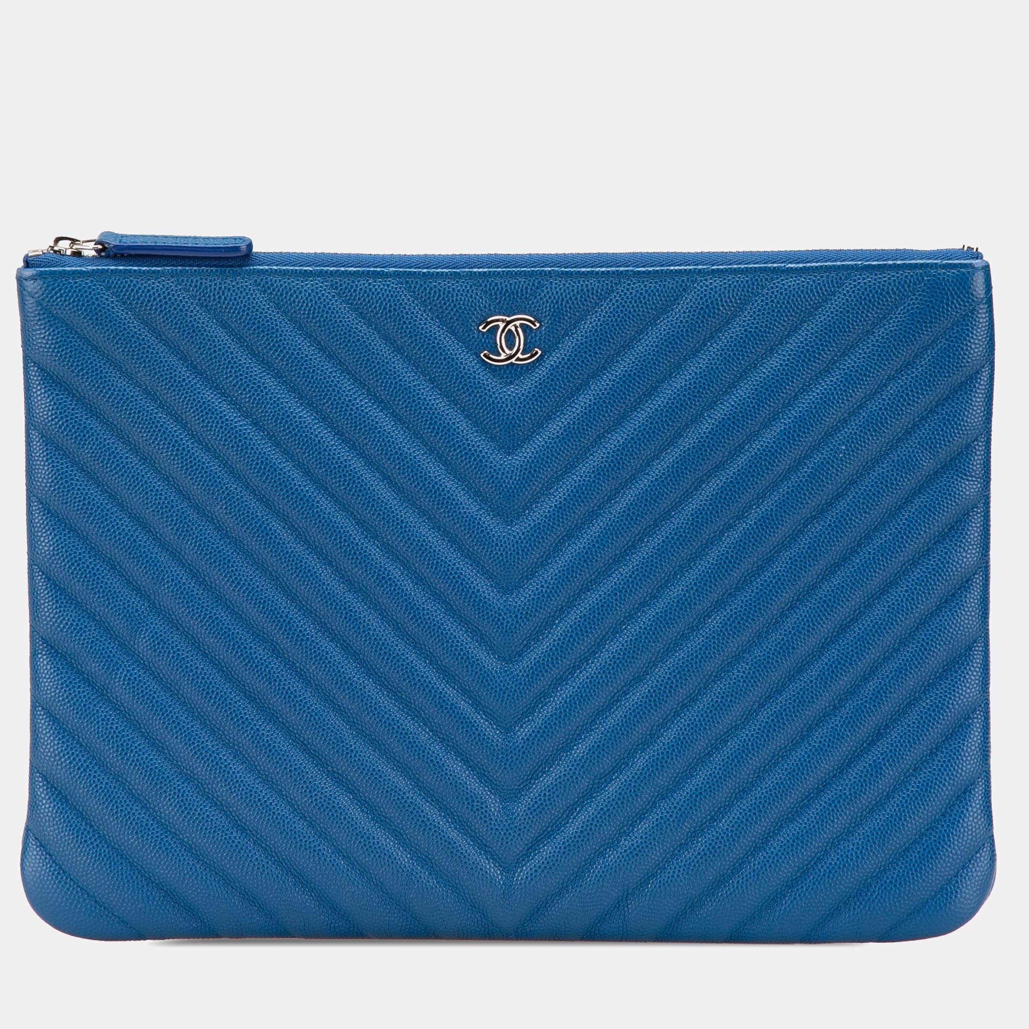 Chanel Blue Medium CC Chevron Caviar O Case Clutch
