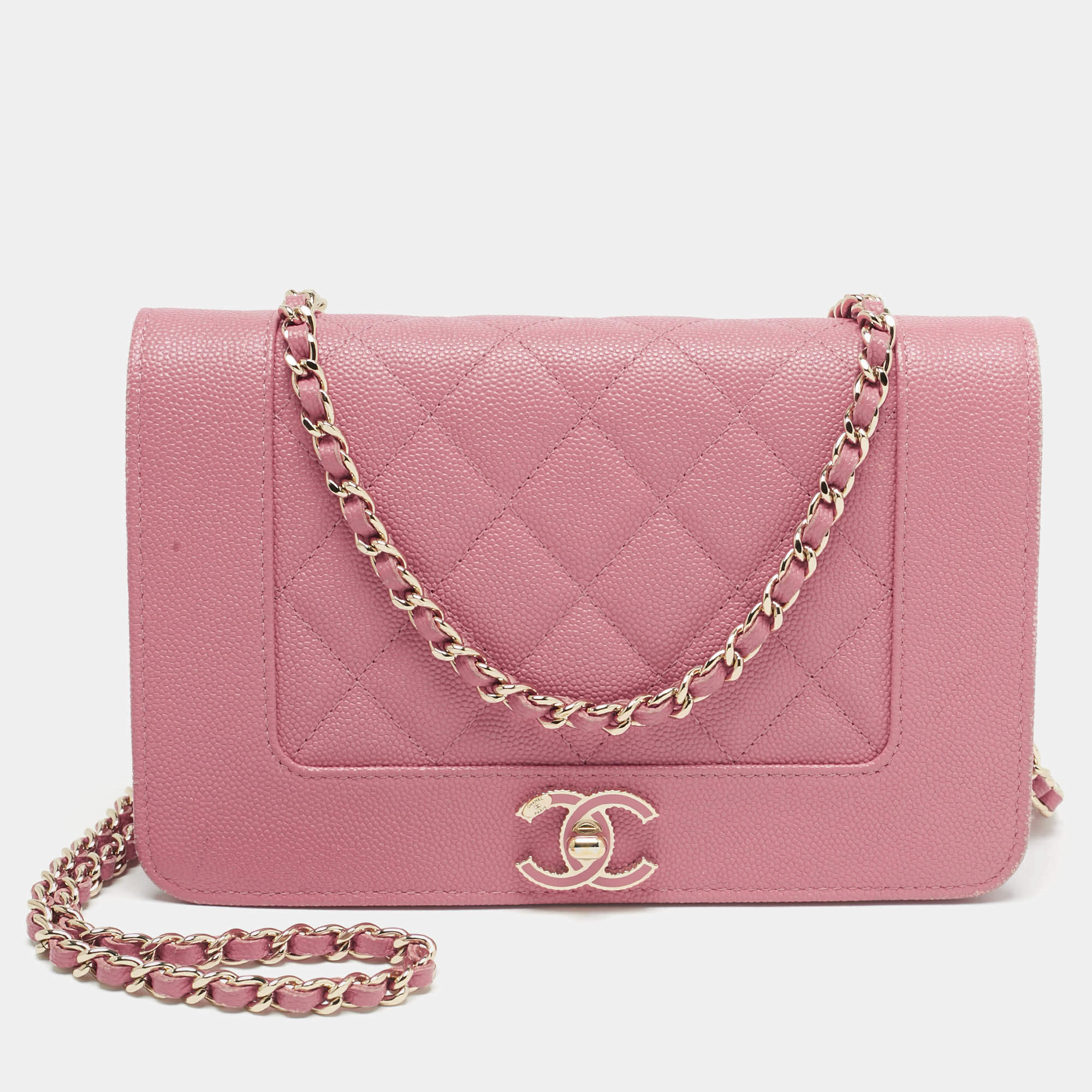 Chanel Dark Pink Quilted Leather Mademoiselle Wallet On Chain
